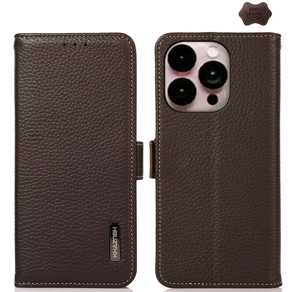 For iPhone 16 Pro KHAZNEH Side-Magnetic Litchi Genuine Leather RFID Case(Brown) - Shopkiz.com