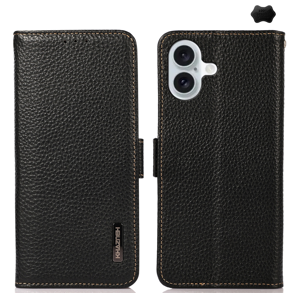 For iPhone 16 Plus KHAZNEH Side-Magnetic Litchi Genuine Leather RFID Case(Black) - Shopkiz.com
