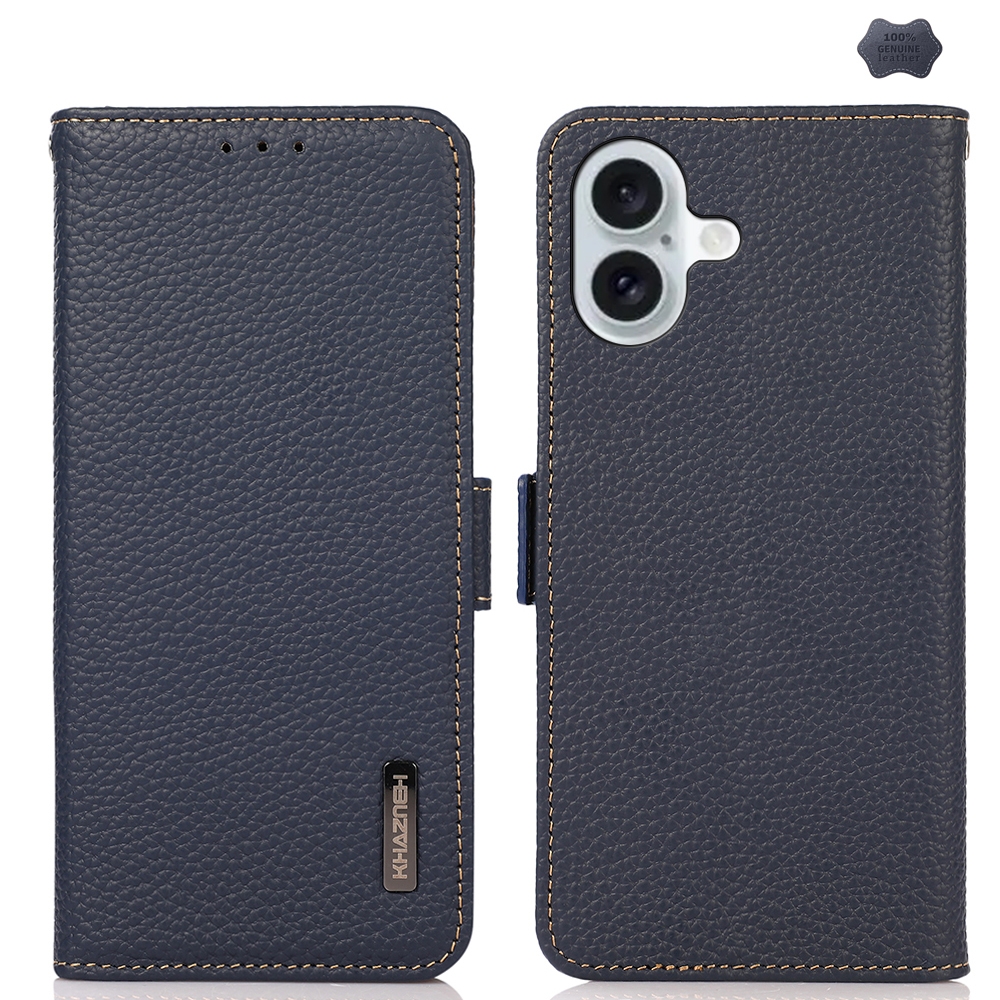For iPhone 16 Plus KHAZNEH Side-Magnetic Litchi Genuine Leather RFID Case(Blue) - Shopkiz.com