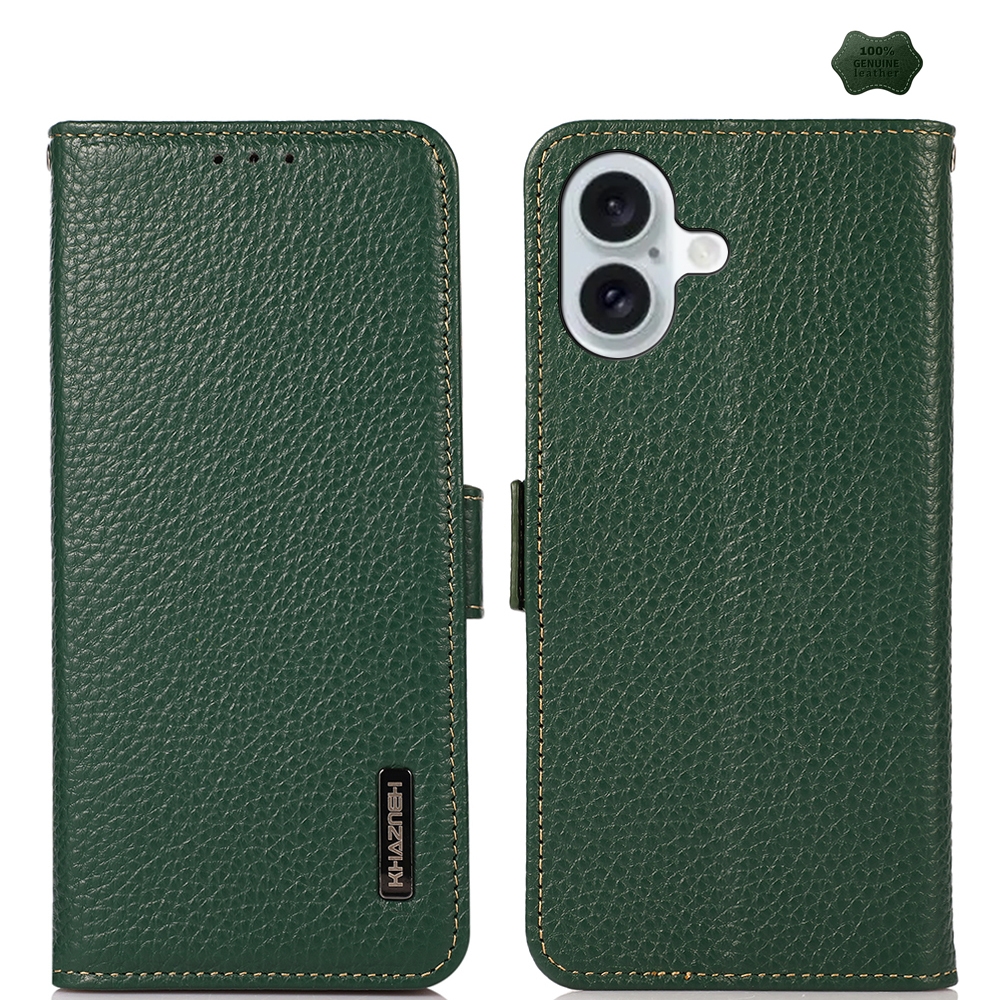 For iPhone 16 Plus KHAZNEH Side-Magnetic Litchi Genuine Leather RFID Case(Green) - Shopkiz.com