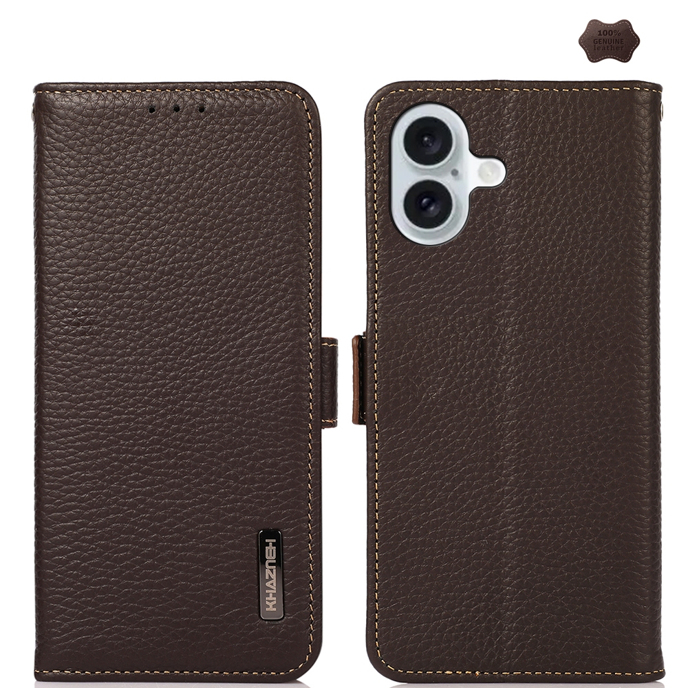 For iPhone 16 Plus KHAZNEH Side-Magnetic Litchi Genuine Leather RFID Case(Brown) - Shopkiz.com