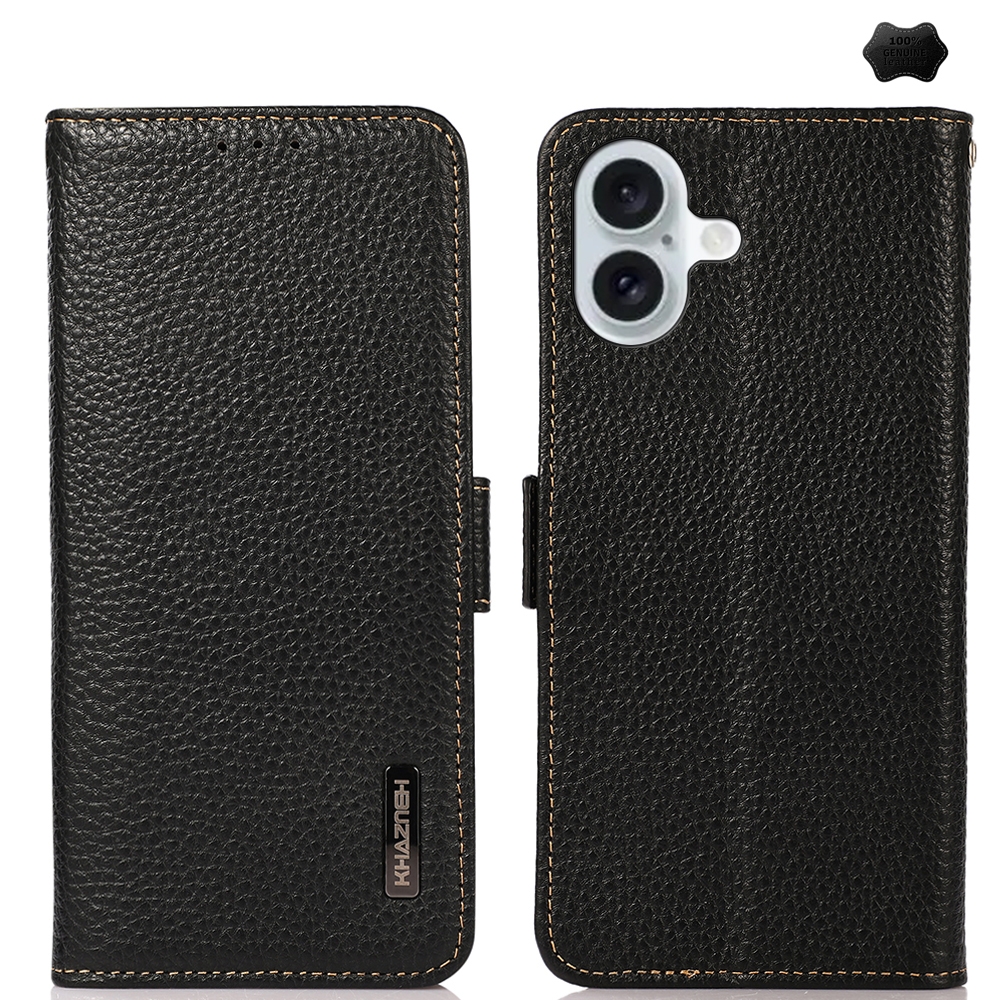For iPhone 16 KHAZNEH Side-Magnetic Litchi Genuine Leather RFID Case(Black) - Shopkiz.com