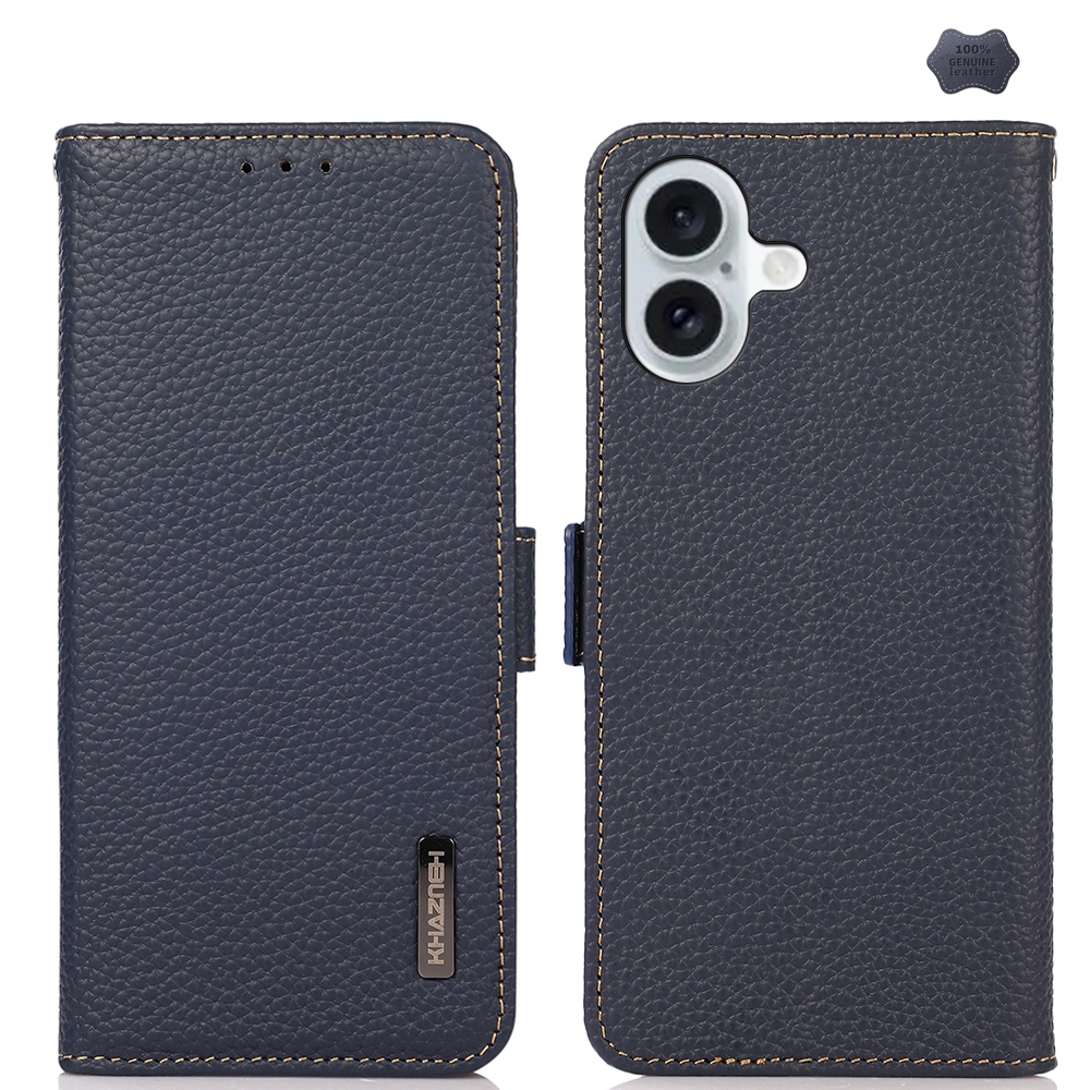 For iPhone 16 KHAZNEH Side-Magnetic Litchi Genuine Leather RFID Case(Blue) - Shopkiz.com