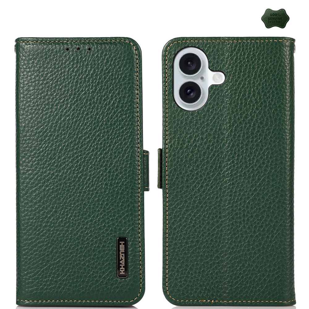 For iPhone 16 KHAZNEH Side-Magnetic Litchi Genuine Leather RFID Case(Green) - Shopkiz.com
