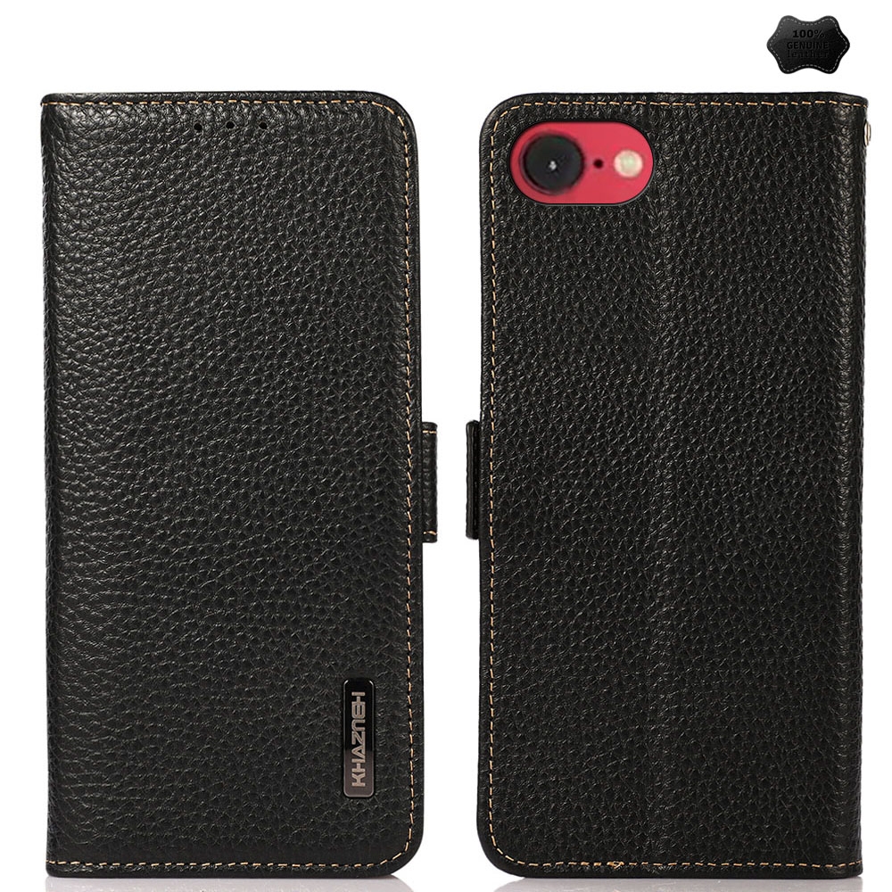 For iPhone 16e / 17e KHAZNEH Side-Magnetic Litchi Genuine Leather RFID Case(Black) - Shopkiz.com