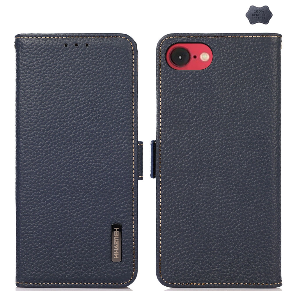 For iPhone 16e / 17e KHAZNEH Side-Magnetic Litchi Genuine Leather RFID Case(Blue) - Shopkiz.com