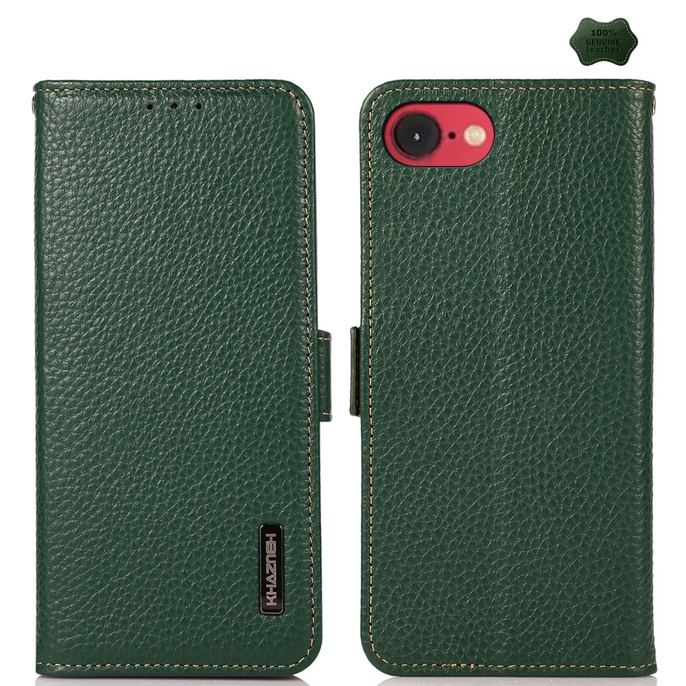 For iPhone 16e / 17e KHAZNEH Side-Magnetic Litchi Genuine Leather RFID Case(Green) - Shopkiz.com