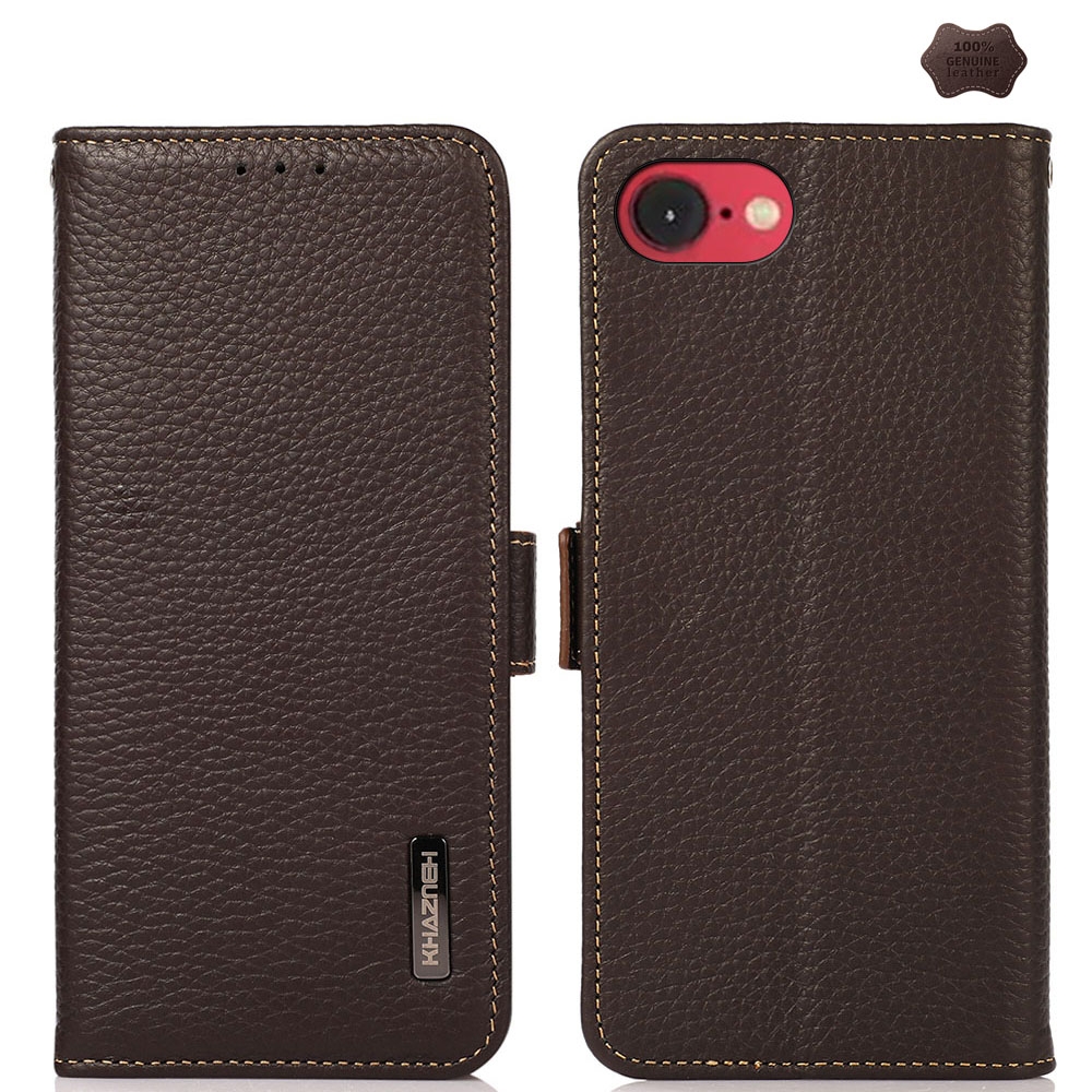 For iPhone 16e / 17e KHAZNEH Side-Magnetic Litchi Genuine Leather RFID Case(Brown) - Shopkiz.com