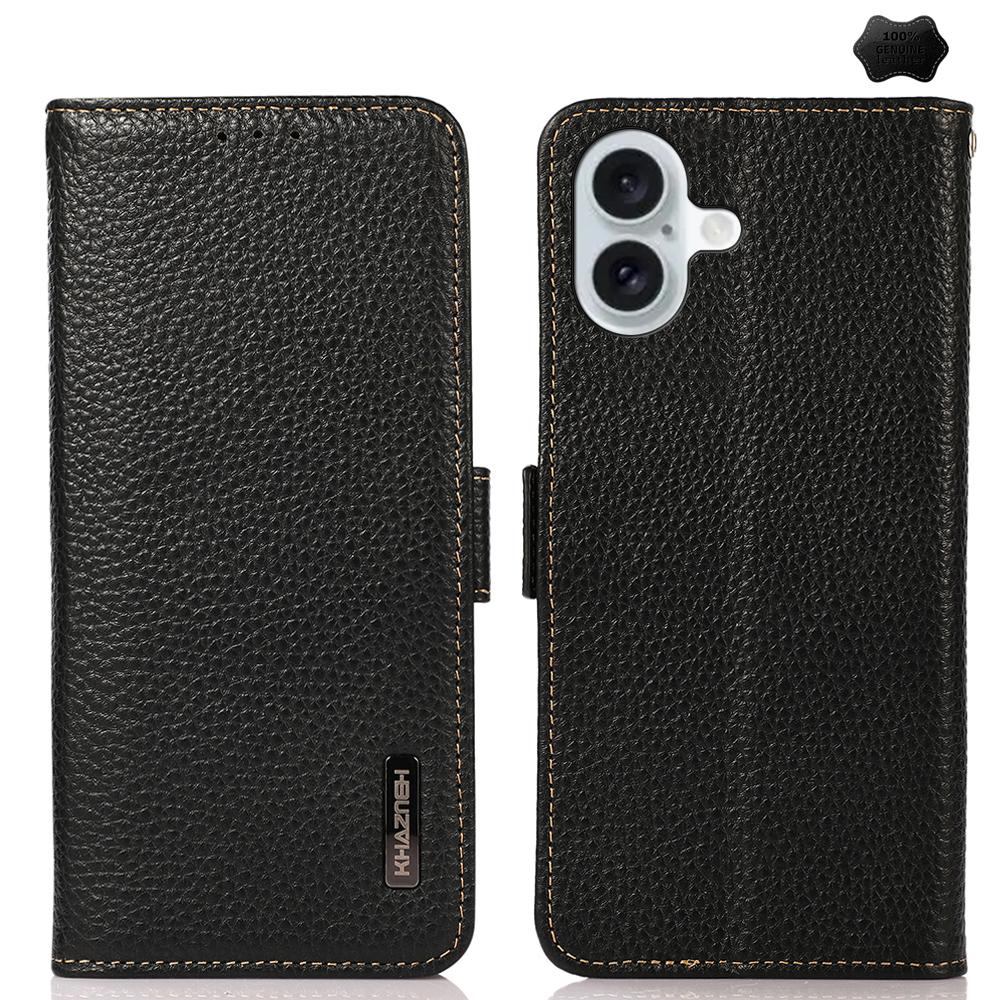 For iPhone 17 KHAZNEH Side-Magnetic Litchi Genuine Leather RFID Case(Black) - Shopkiz.com