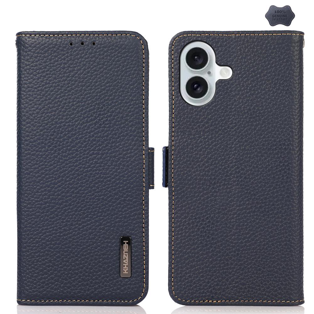 For iPhone 17 KHAZNEH Side-Magnetic Litchi Genuine Leather RFID Case(Blue) - Shopkiz.com