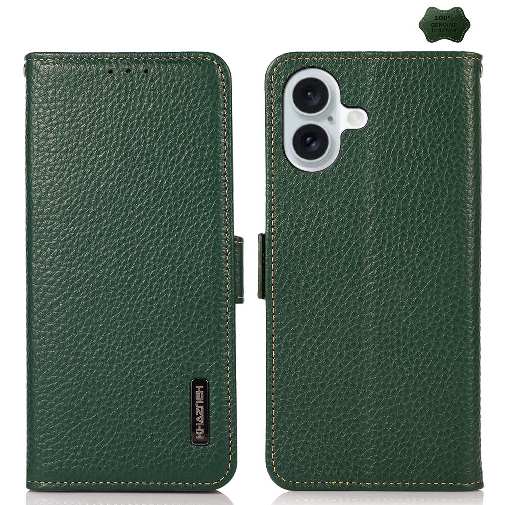 For iPhone 17 KHAZNEH Side-Magnetic Litchi Genuine Leather RFID Case(Green) - Shopkiz.com