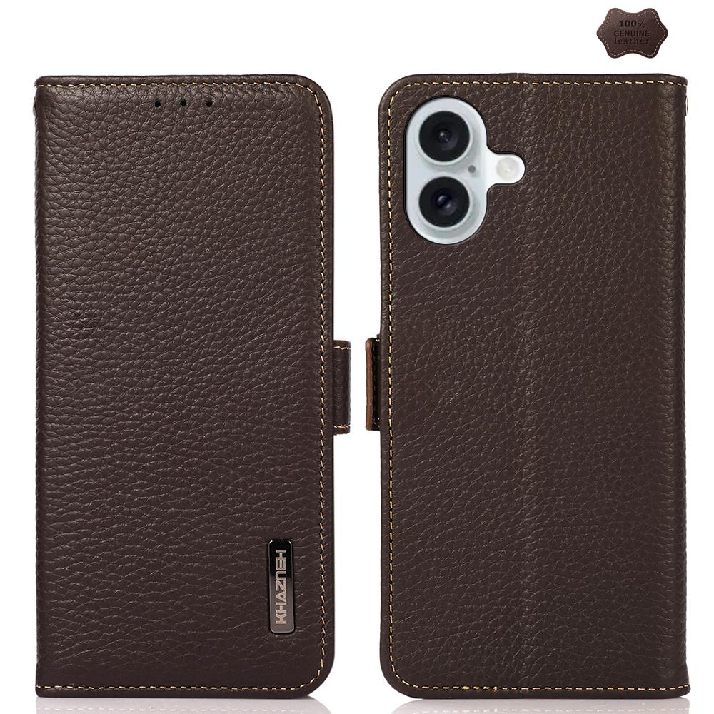 For iPhone 17 KHAZNEH Side-Magnetic Litchi Genuine Leather RFID Case(Brown) - Shopkiz.com