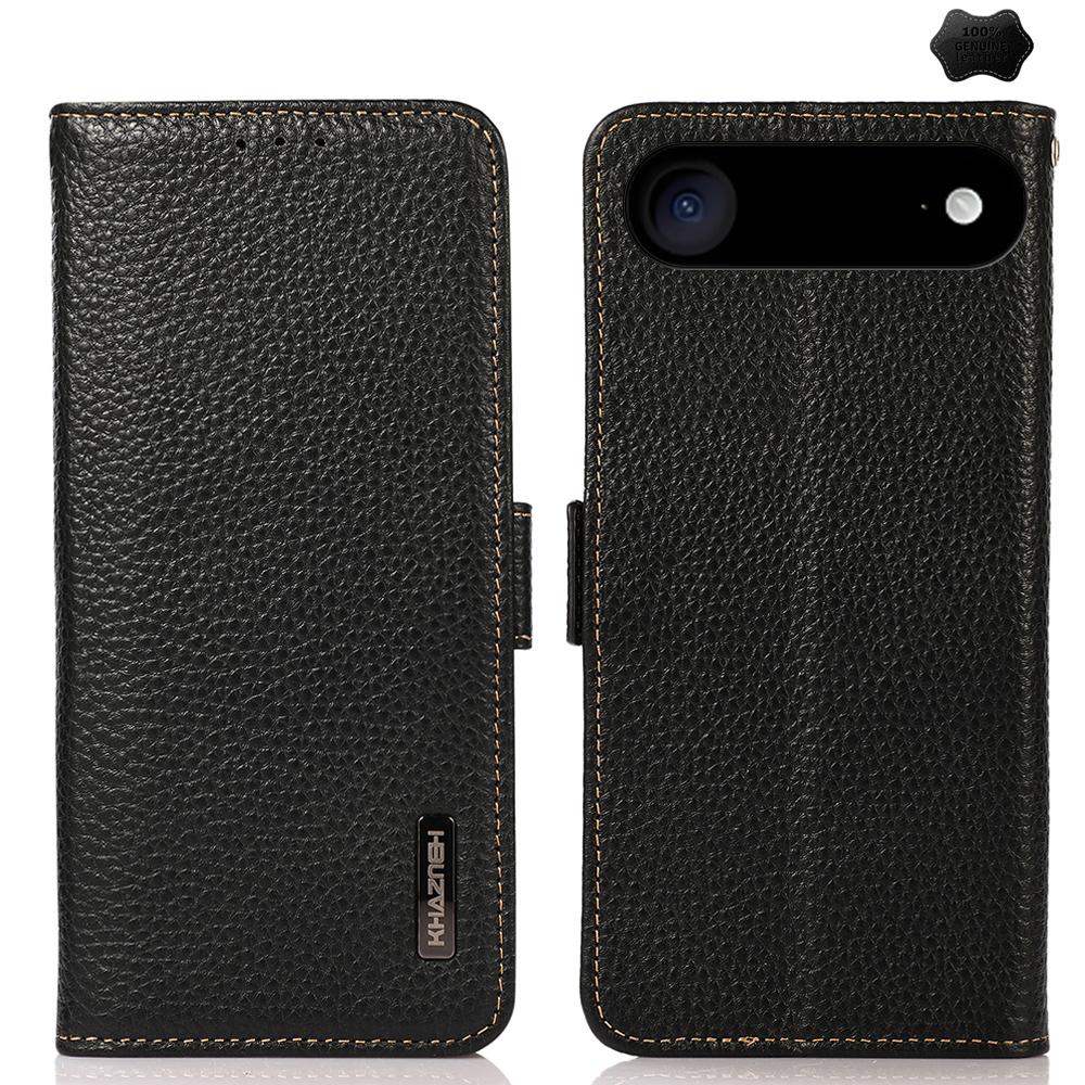 For iPhone Air KHAZNEH Side-Magnetic Litchi Genuine Leather RFID Case(Black) - Shopkiz.com