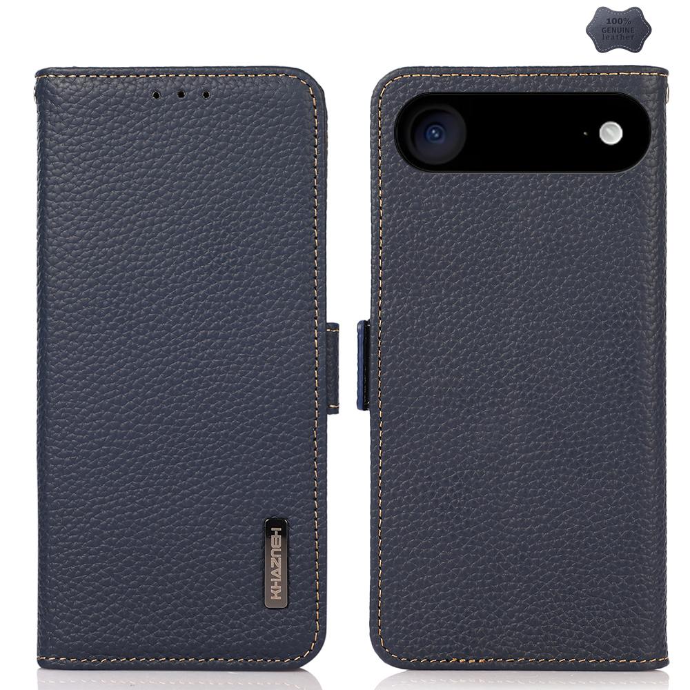 For iPhone Air KHAZNEH Side-Magnetic Litchi Genuine Leather RFID Case(Blue) - Shopkiz.com