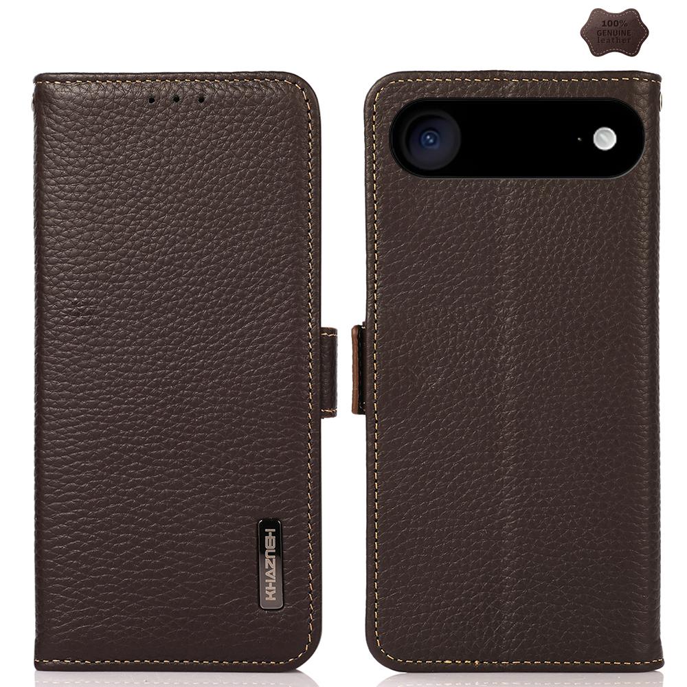 For iPhone Air KHAZNEH Side-Magnetic Litchi Genuine Leather RFID Case(Brown) - Shopkiz.com
