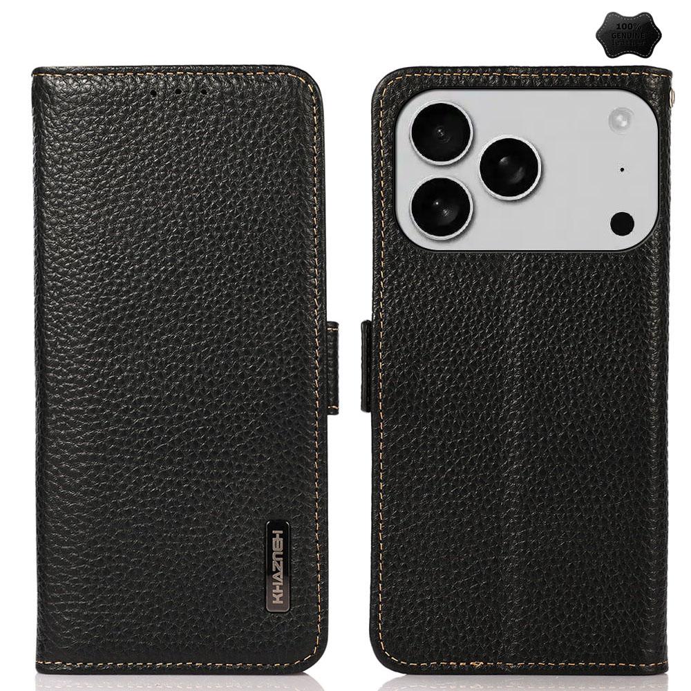 For iPhone 17 Pro KHAZNEH Side-Magnetic Litchi Genuine Leather RFID Case(Black) - Shopkiz.com