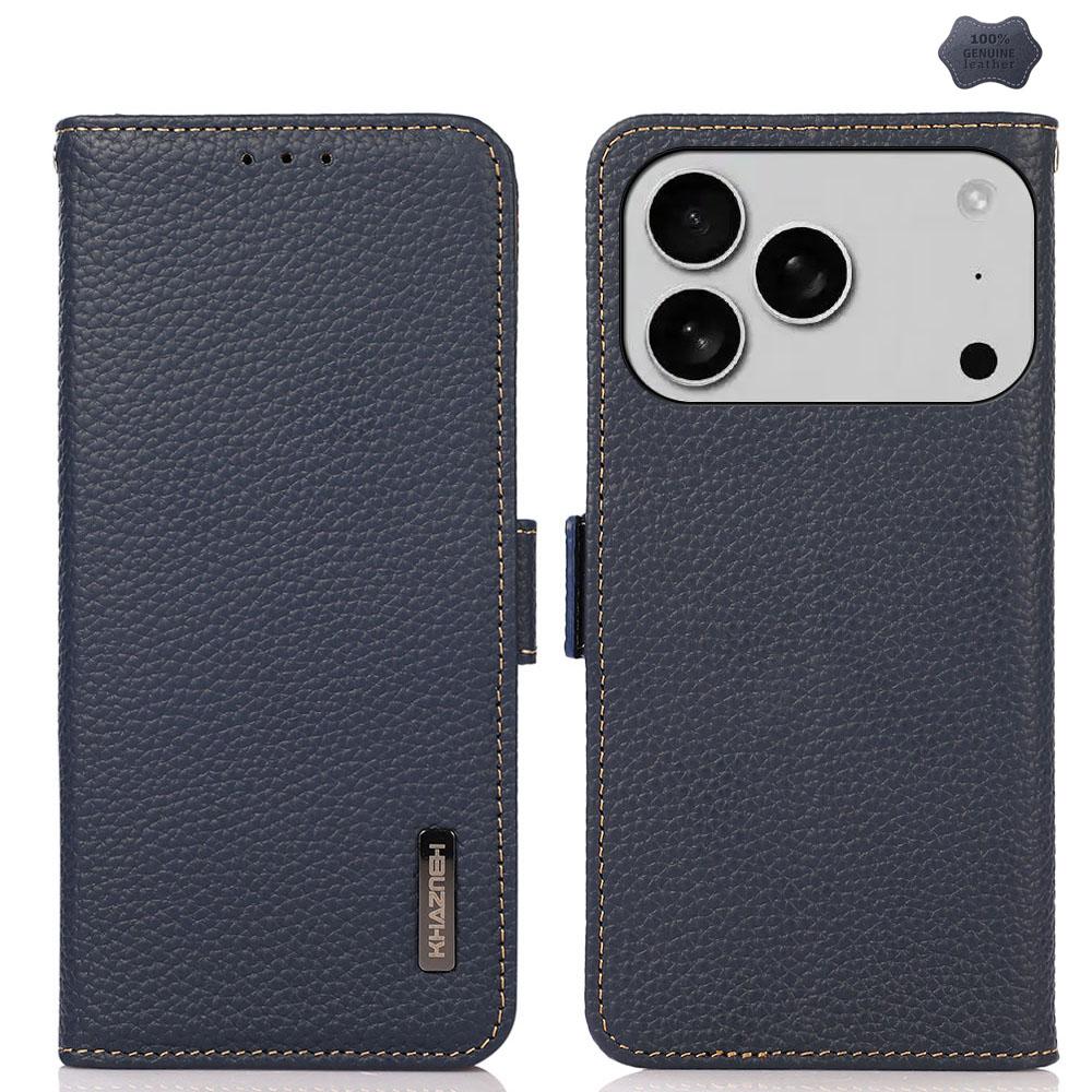 For iPhone 17 Pro KHAZNEH Side-Magnetic Litchi Genuine Leather RFID Case(Blue) - Shopkiz.com