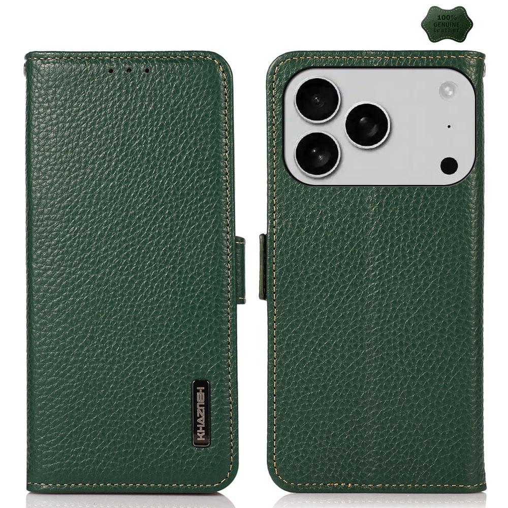For iPhone 17 Pro KHAZNEH Side-Magnetic Litchi Genuine Leather RFID Case(Green) - Shopkiz.com