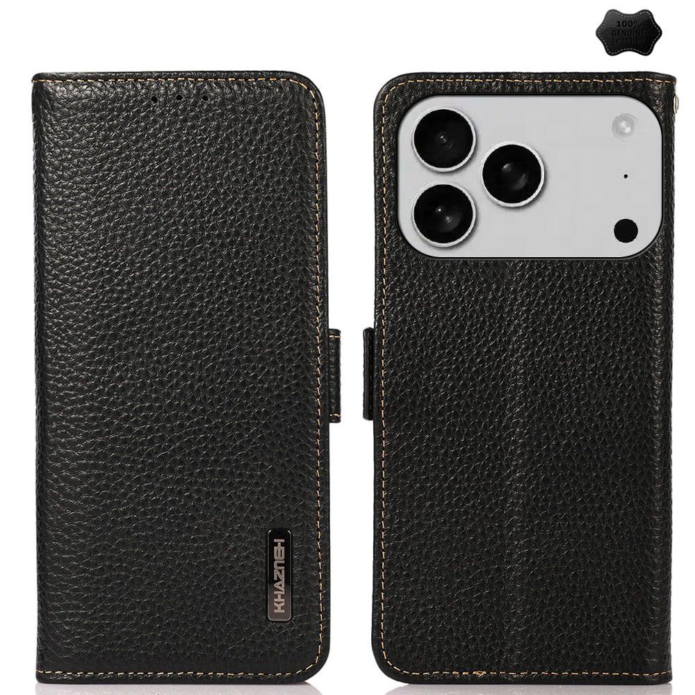 For iPhone 17 Pro Max KHAZNEH Side-Magnetic Litchi Genuine Leather RFID Case(Black) - Shopkiz.com