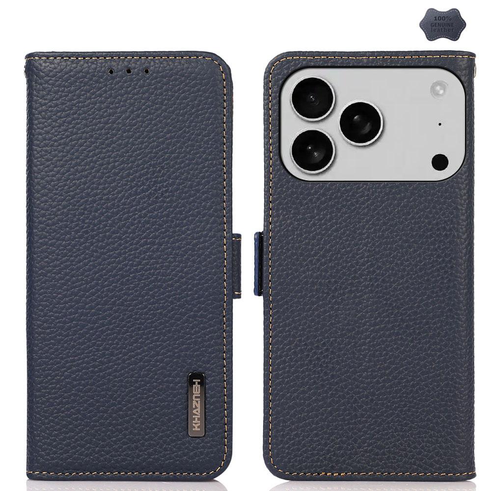 For iPhone 17 Pro Max KHAZNEH Side-Magnetic Litchi Genuine Leather RFID Case(Blue) - Shopkiz.com
