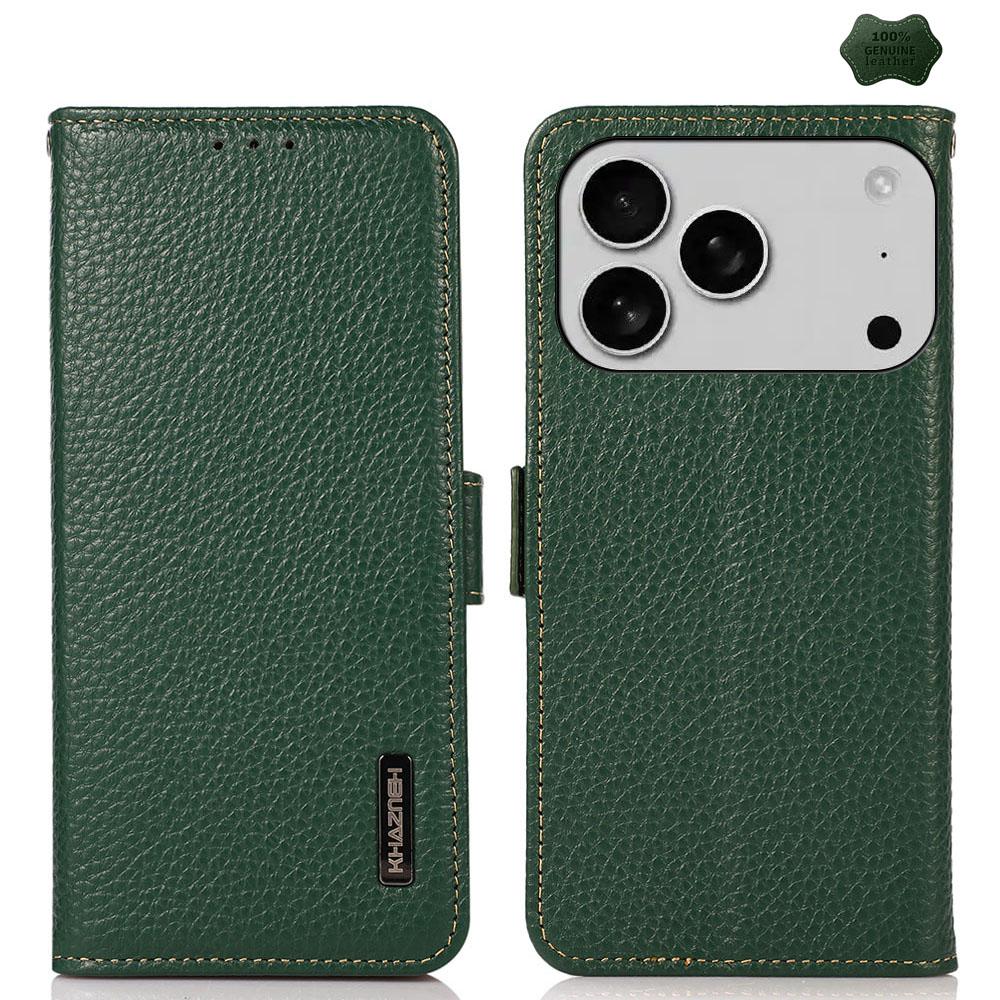 For iPhone 17 Pro Max KHAZNEH Side-Magnetic Litchi Genuine Leather RFID Case(Green) - Shopkiz.com