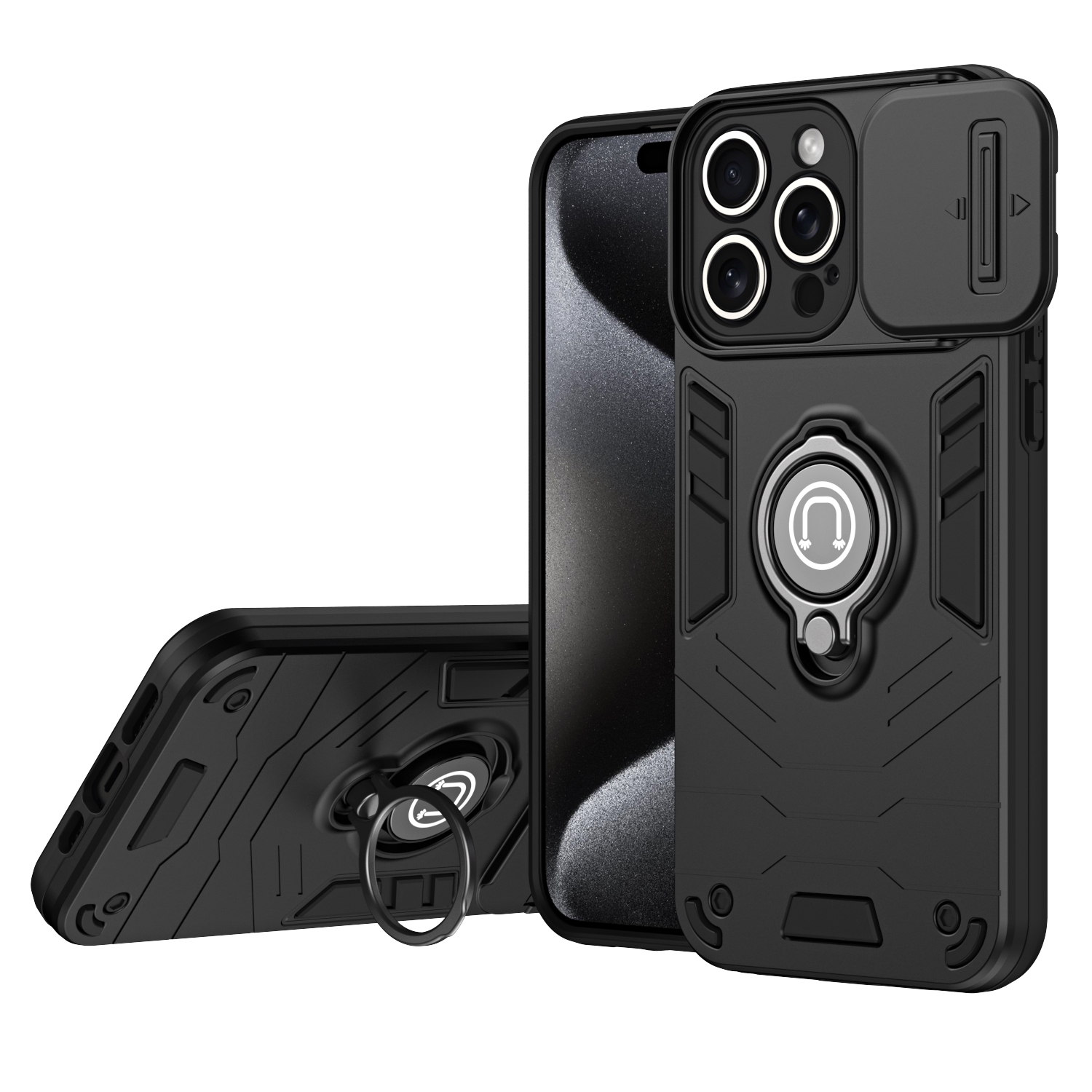For iPhone 15 Pro Max Camshield Ring Holder Phone Case(Black) - Shopkiz.com