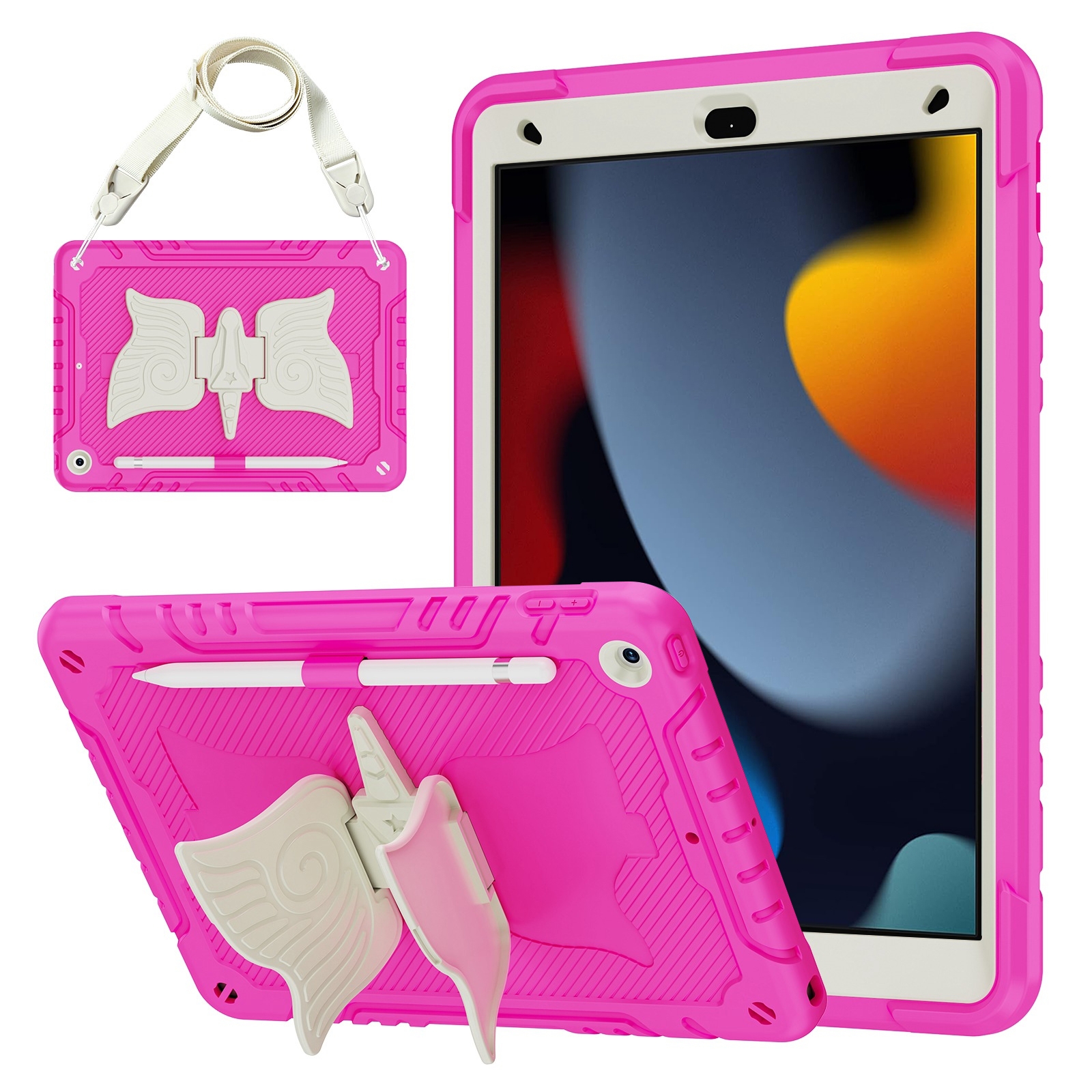 For iPad 10.2 2021/2020/2019 Kickstand PC Hybrid Silicone Tablet Case(Beige Rose Red) - Shopkiz.com