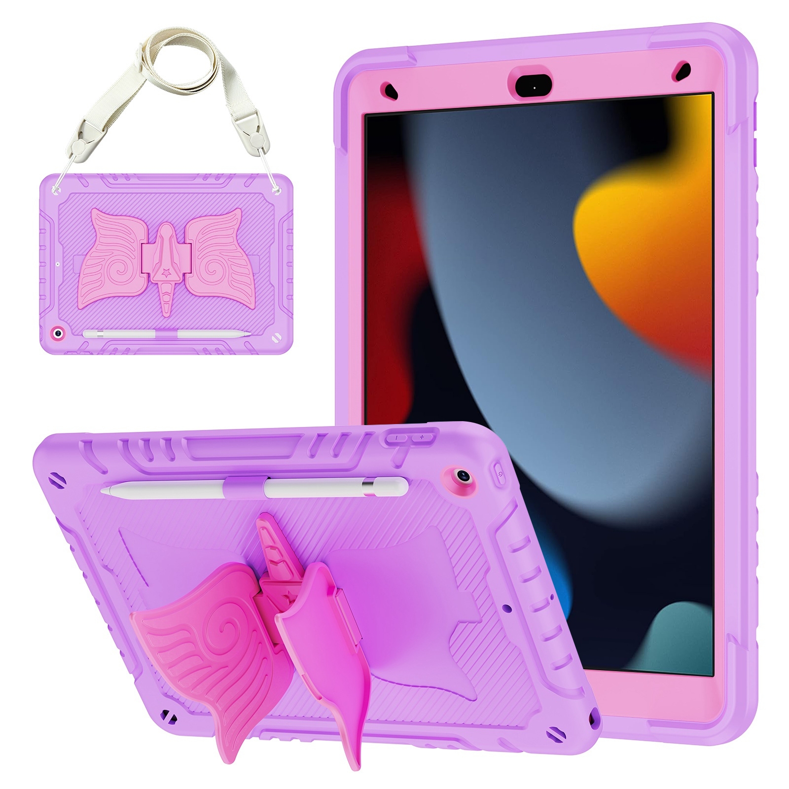 For iPad 10.2 2021/2020/2019 Kickstand PC Hybrid Silicone Tablet Case(Purple Rose Red) - Shopkiz.com