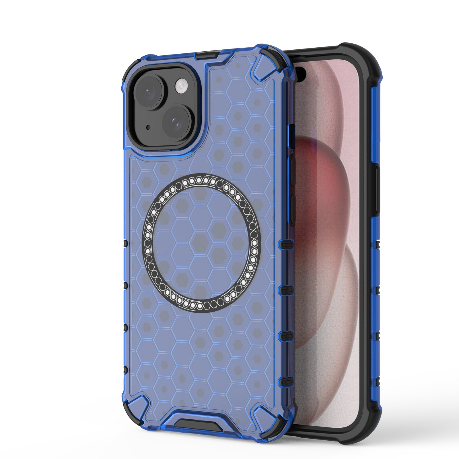 For iPhone 15 Honeycomb Magnetic Ring Shockproof Phone Case(Blue) - Shopkiz.com