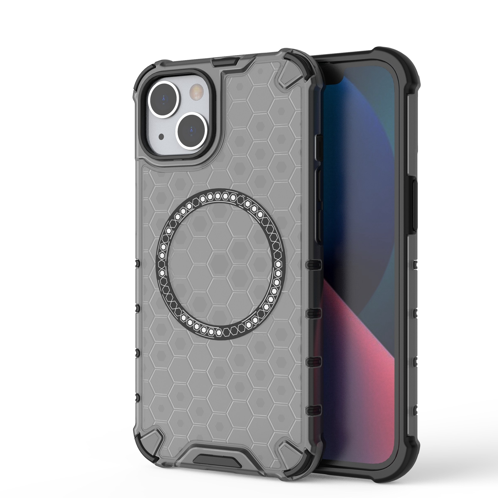For iPhone 13 Honeycomb Magnetic Ring Shockproof Phone Case(Black) - Shopkiz.com