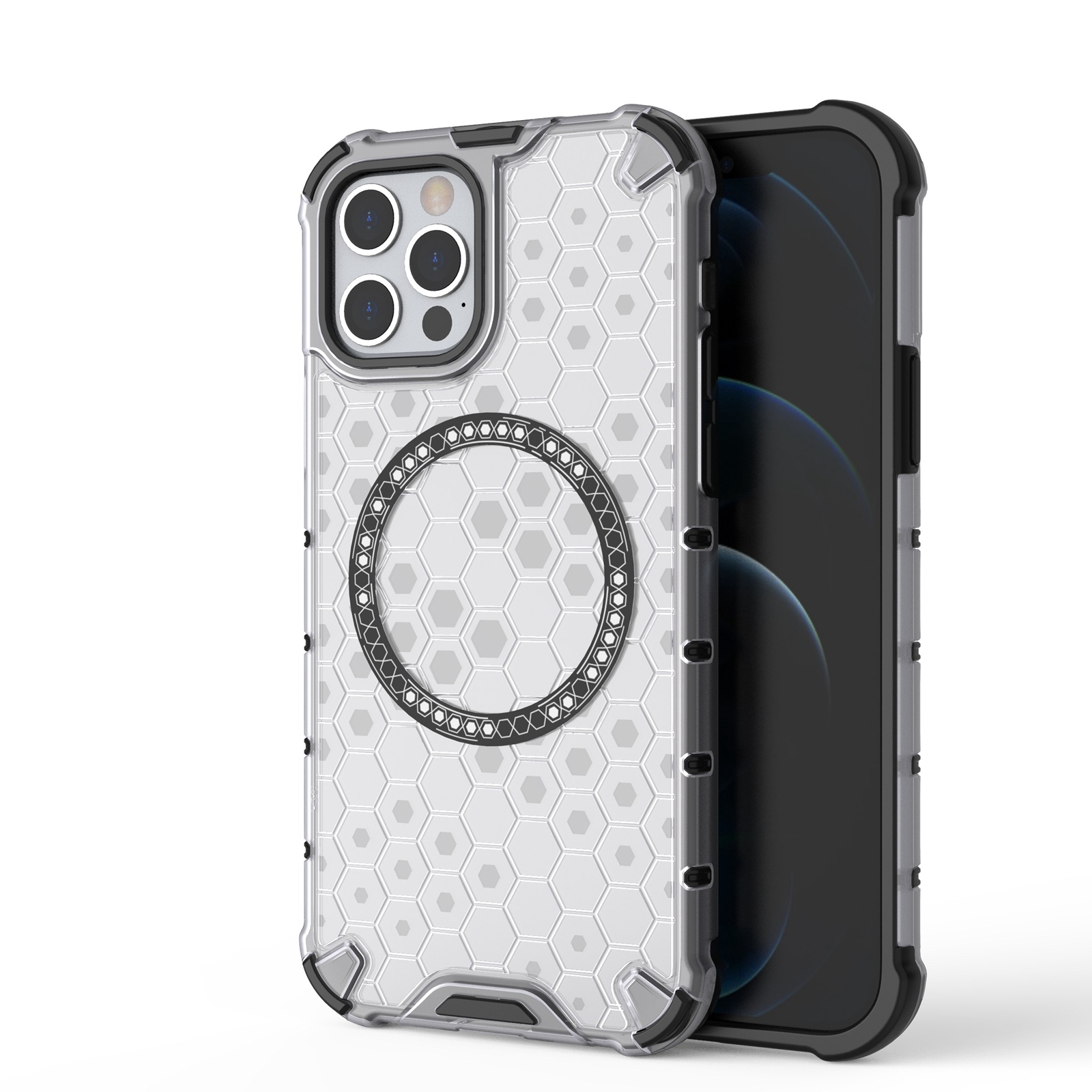 For iPhone 12 Pro Max Honeycomb Magnetic Ring Shockproof Phone Case(White) - Shopkiz.com