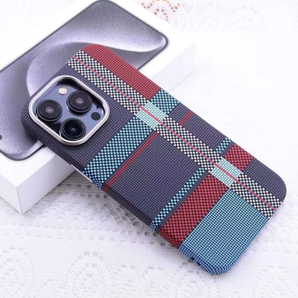 For iPhone 14 Pro Max Kevlar Carbon Fiber Texture MagSafe Magnetic Phone Case(Red Blue Checkered) - Shopkiz.com