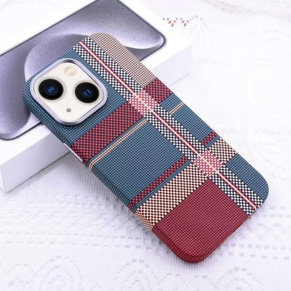 For iPhone 14 Kevlar Carbon Fiber Texture MagSafe Magnetic Phone Case(Red Green Checkered) - Shopkiz.com