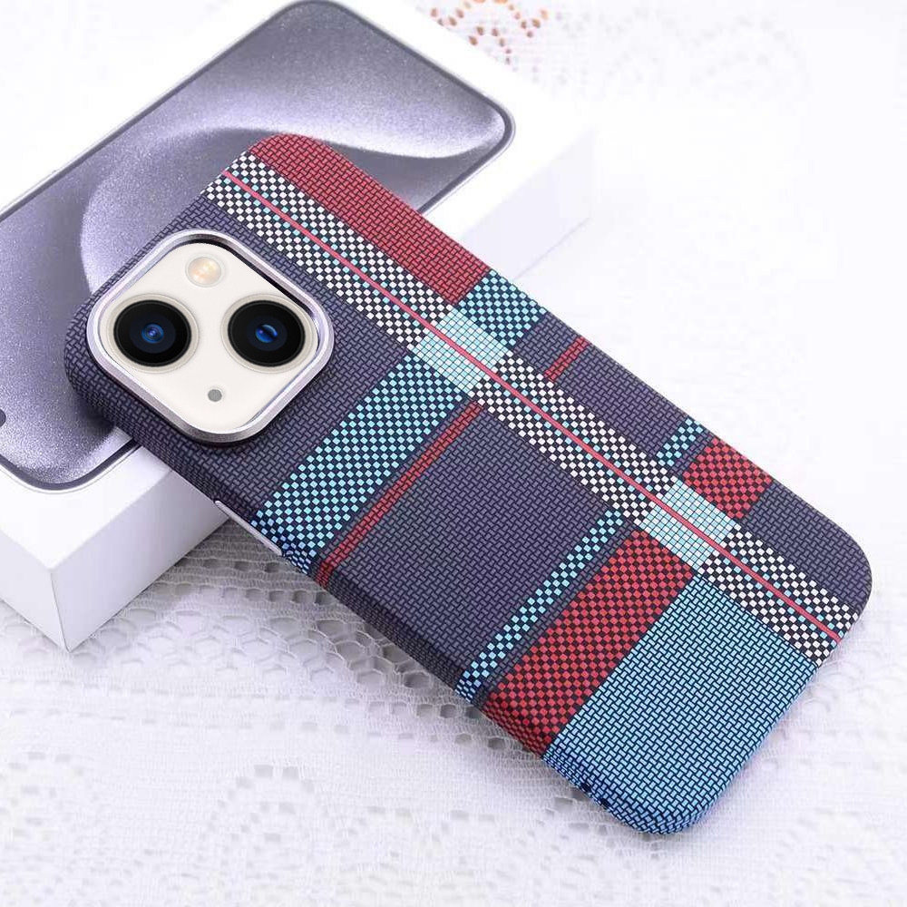 For iPhone 14 Kevlar Carbon Fiber Texture MagSafe Magnetic Phone Case(Red Blue Checkered) - Shopkiz.com
