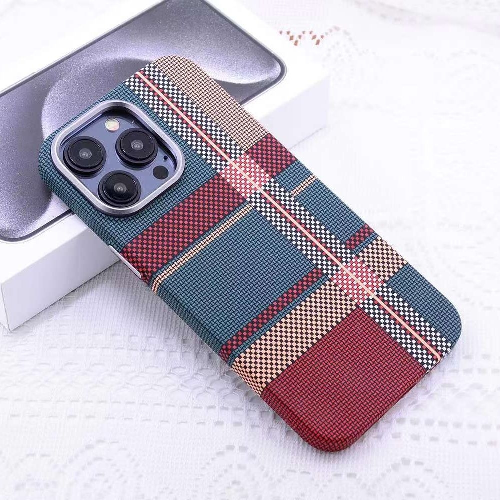 For iPhone 13 Pro Max Kevlar Carbon Fiber Texture MagSafe Magnetic Phone Case(Red Green Checkered) - Shopkiz.com