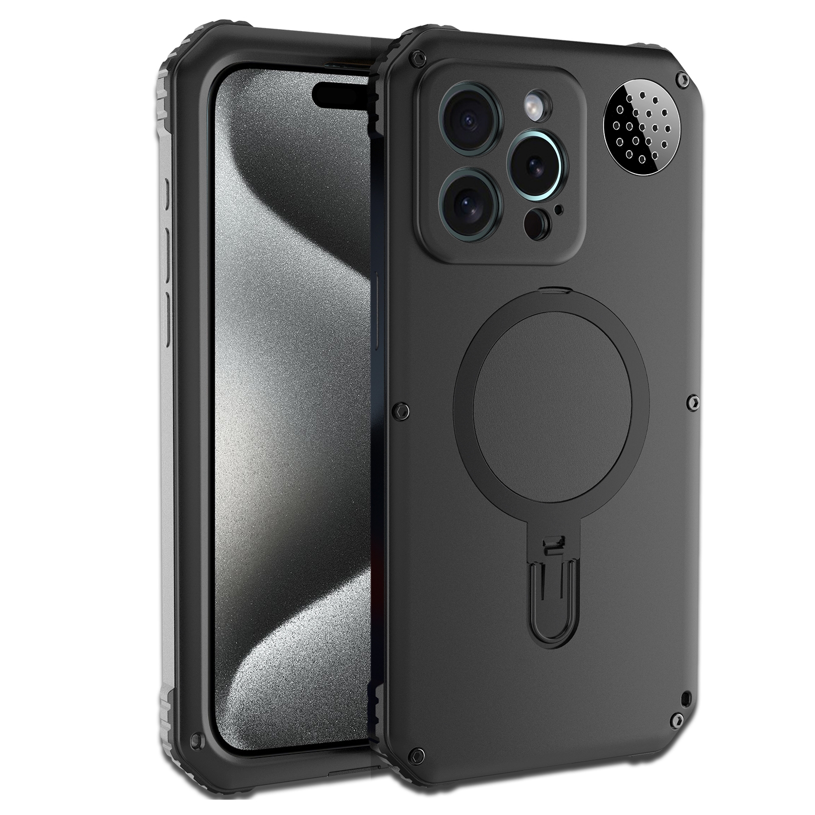 For iPhone 15 Pro Max Aromatherapy MagSafe Holder Life Waterproof Rugged Phone Case(Black) - Shopkiz.com