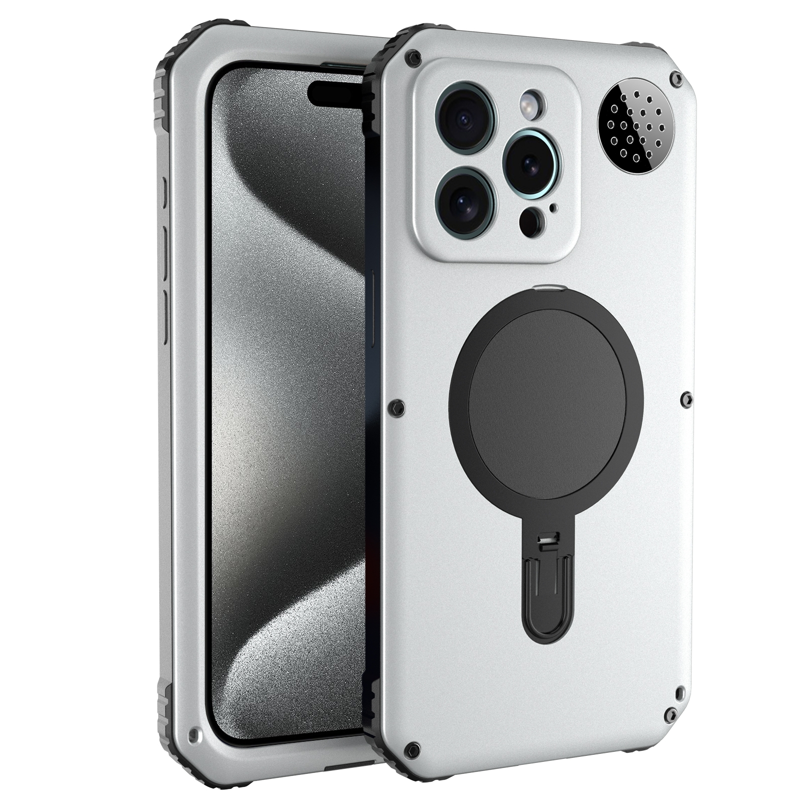 For iPhone 15 Pro Max Aromatherapy MagSafe Holder Life Waterproof Rugged Phone Case(Silver) - Shopkiz.com