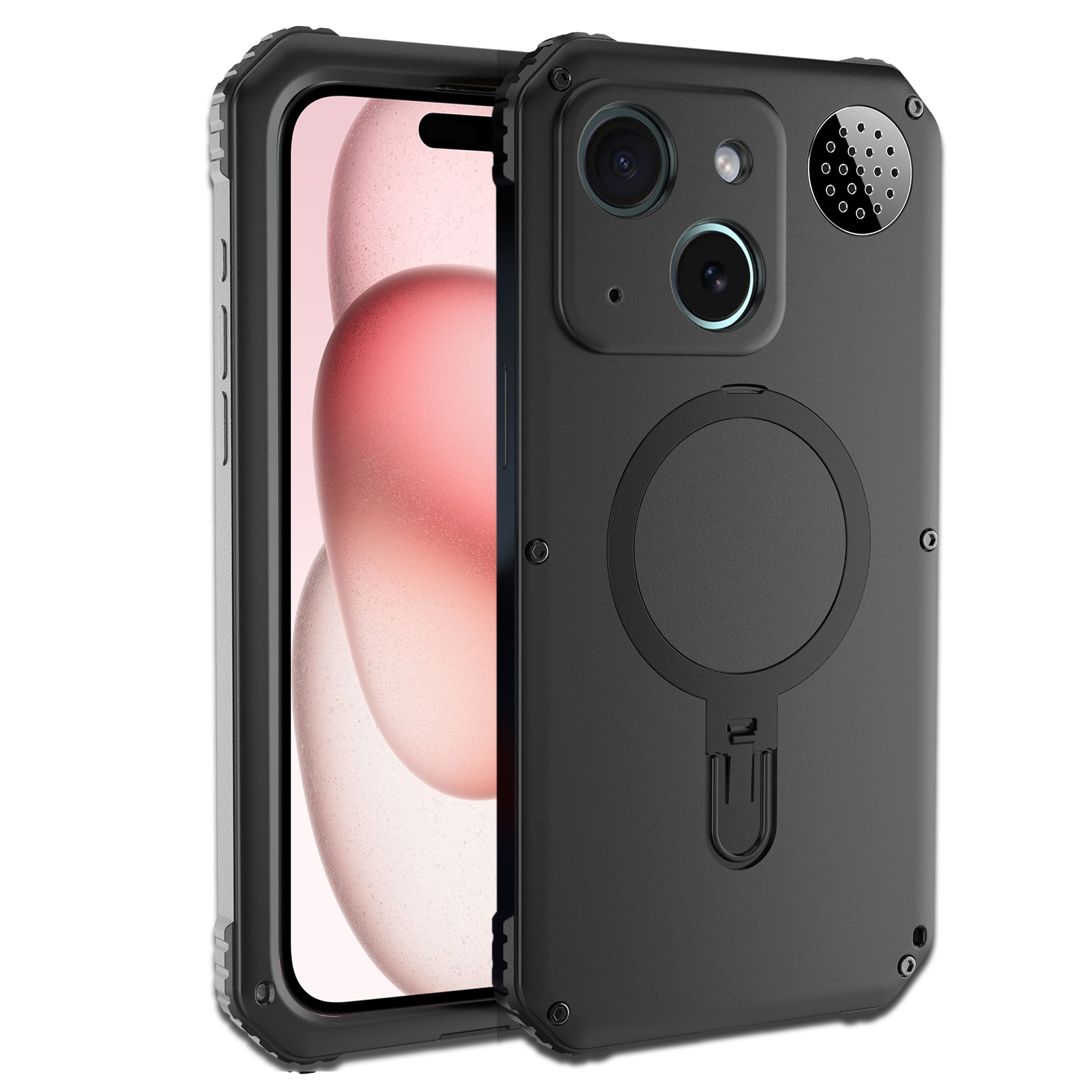 For iPhone 15 Aromatherapy MagSafe Holder Life Waterproof Rugged Phone Case(Black) - Shopkiz.com