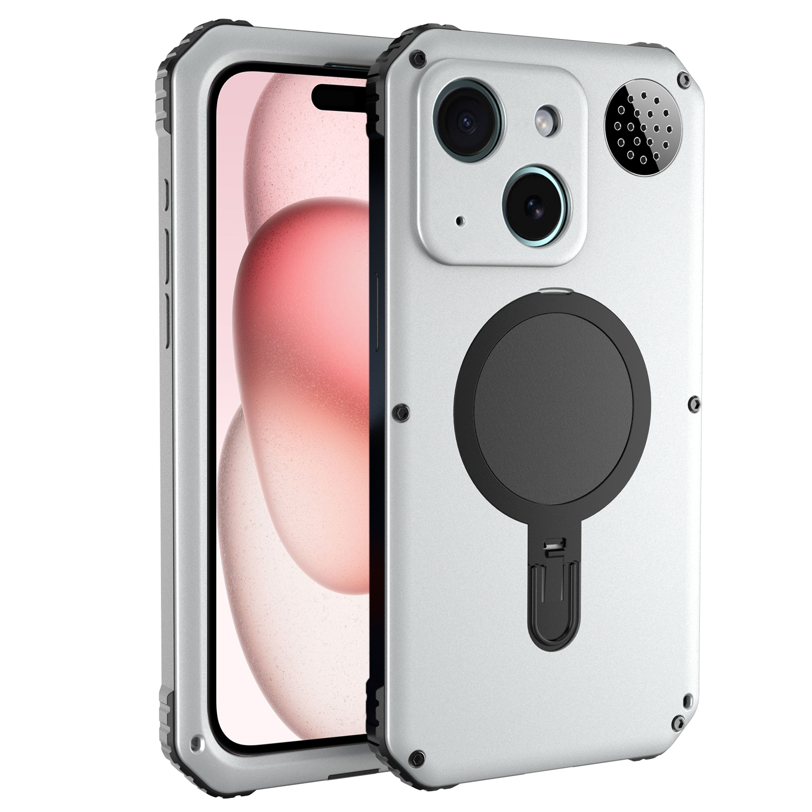 For iPhone 15 Aromatherapy MagSafe Holder Life Waterproof Rugged Phone Case(Silver) - Shopkiz.com