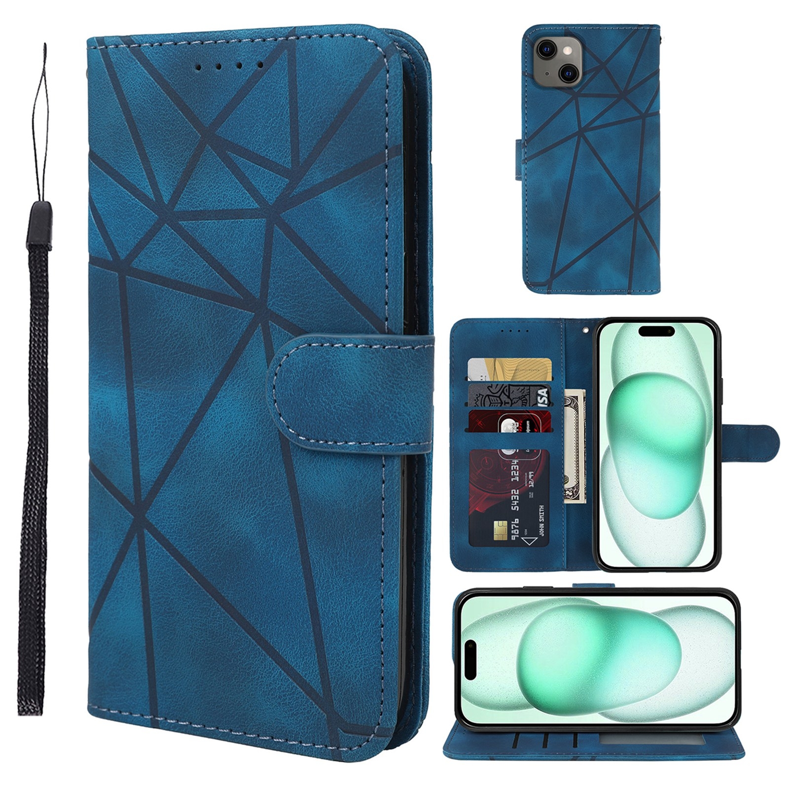 For iPhone 15 Plus Skin Feel Geometric Lines Leather Phone Case(Blue) - Shopkiz.com