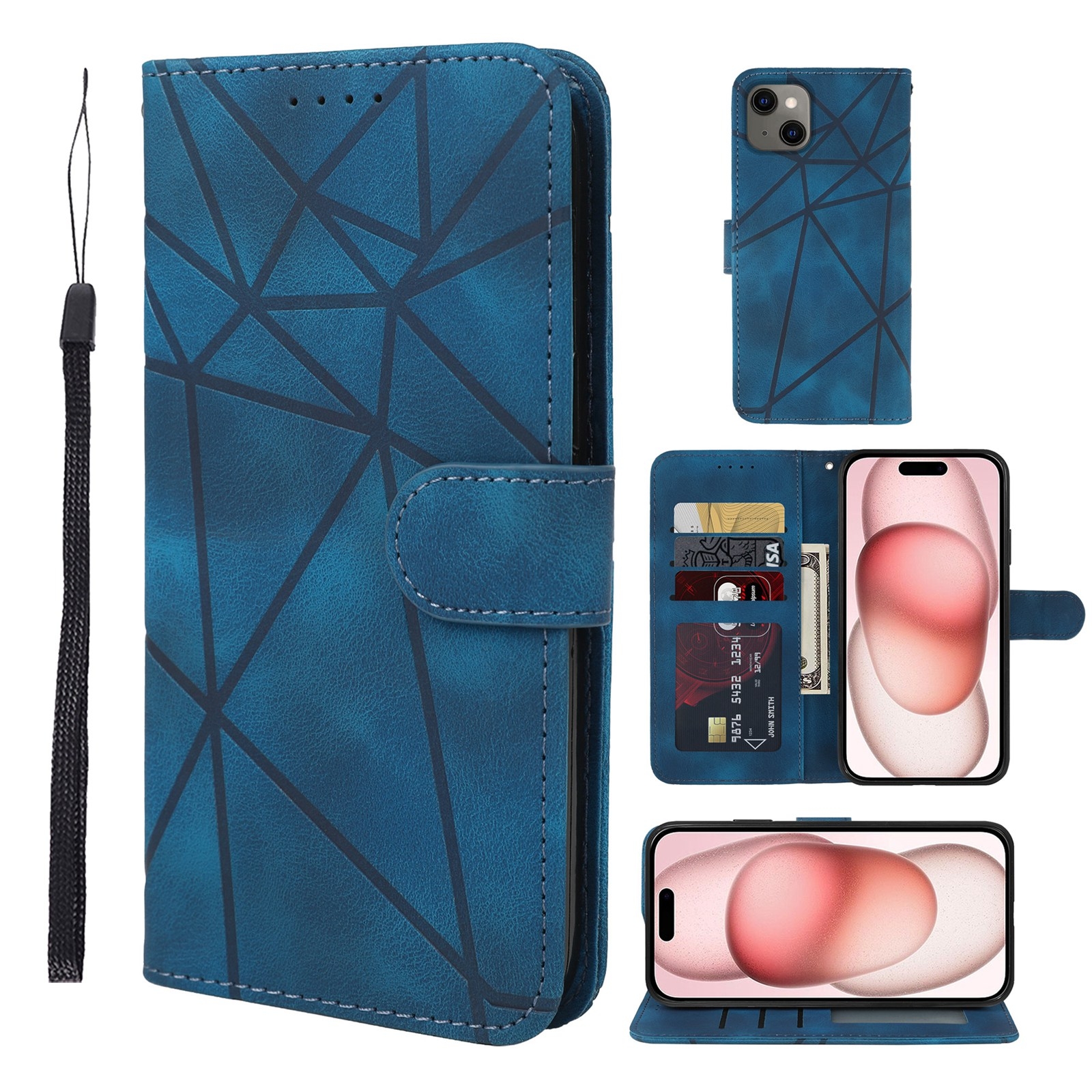 For iPhone 15 Skin Feel Geometric Lines Leather Phone Case(Blue) - Shopkiz.com