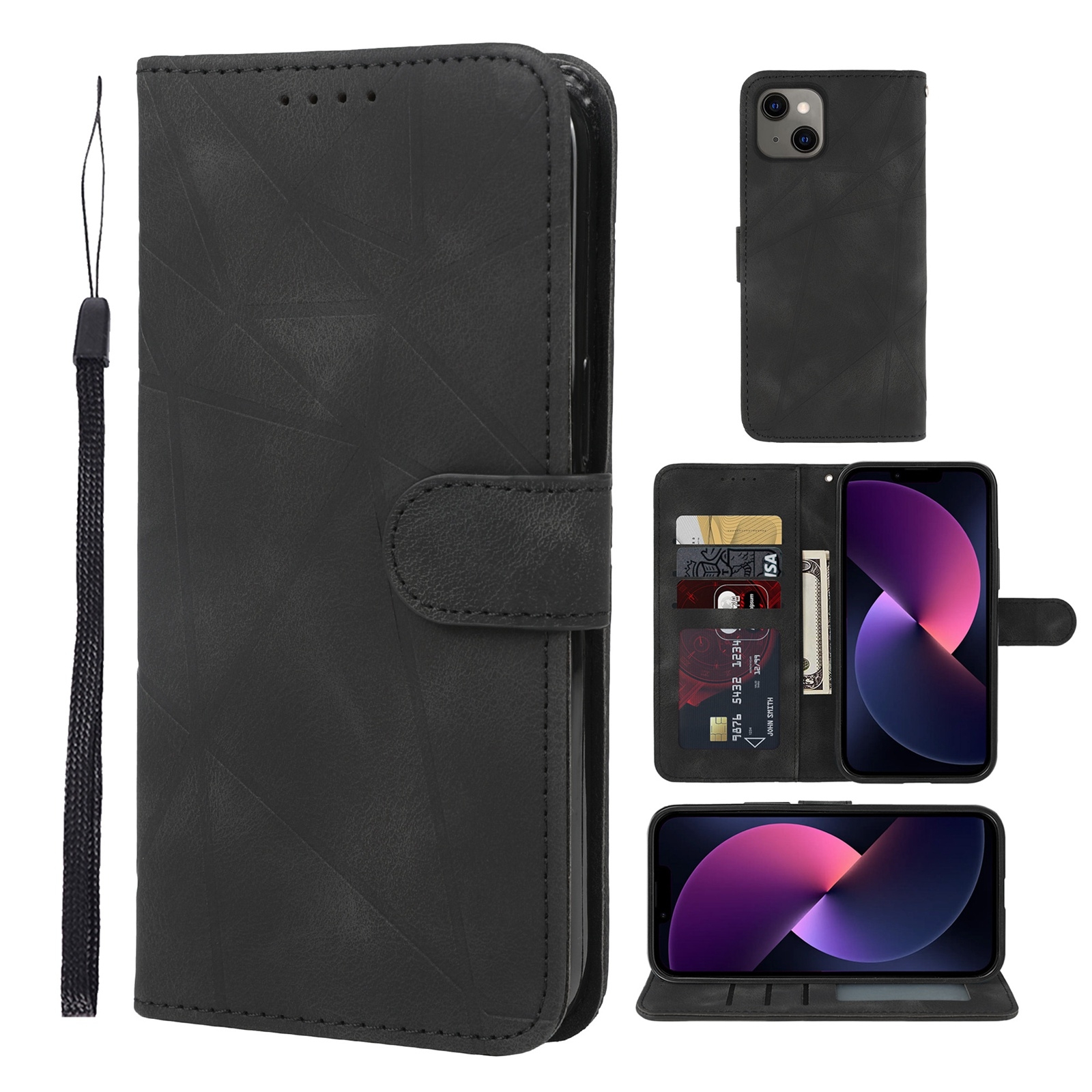 For iPhone 14 Plus Skin Feel Geometric Lines Leather Phone Case(Black) - Shopkiz.com