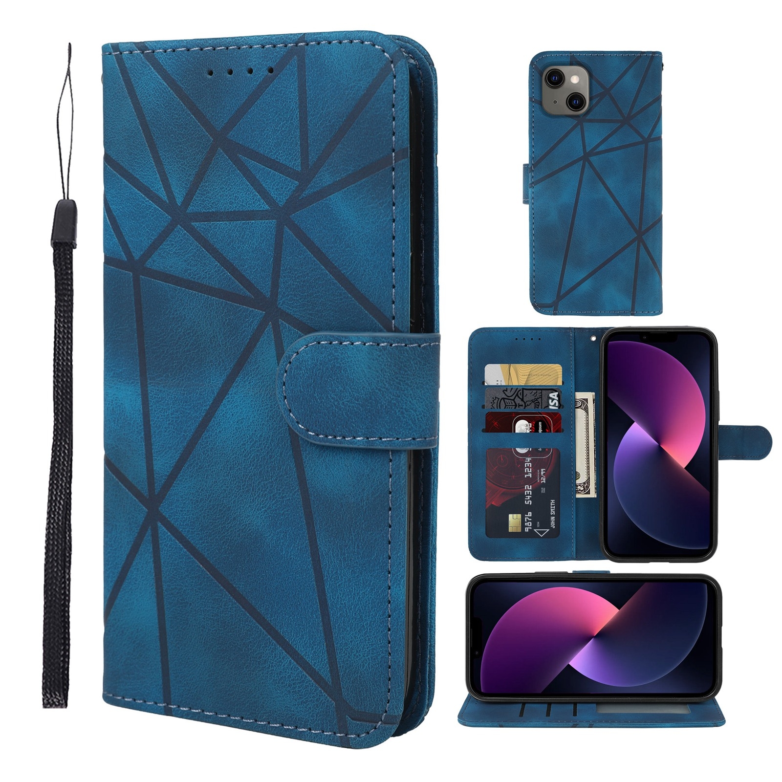 For iPhone 14 Plus Skin Feel Geometric Lines Leather Phone Case(Blue) - Shopkiz.com