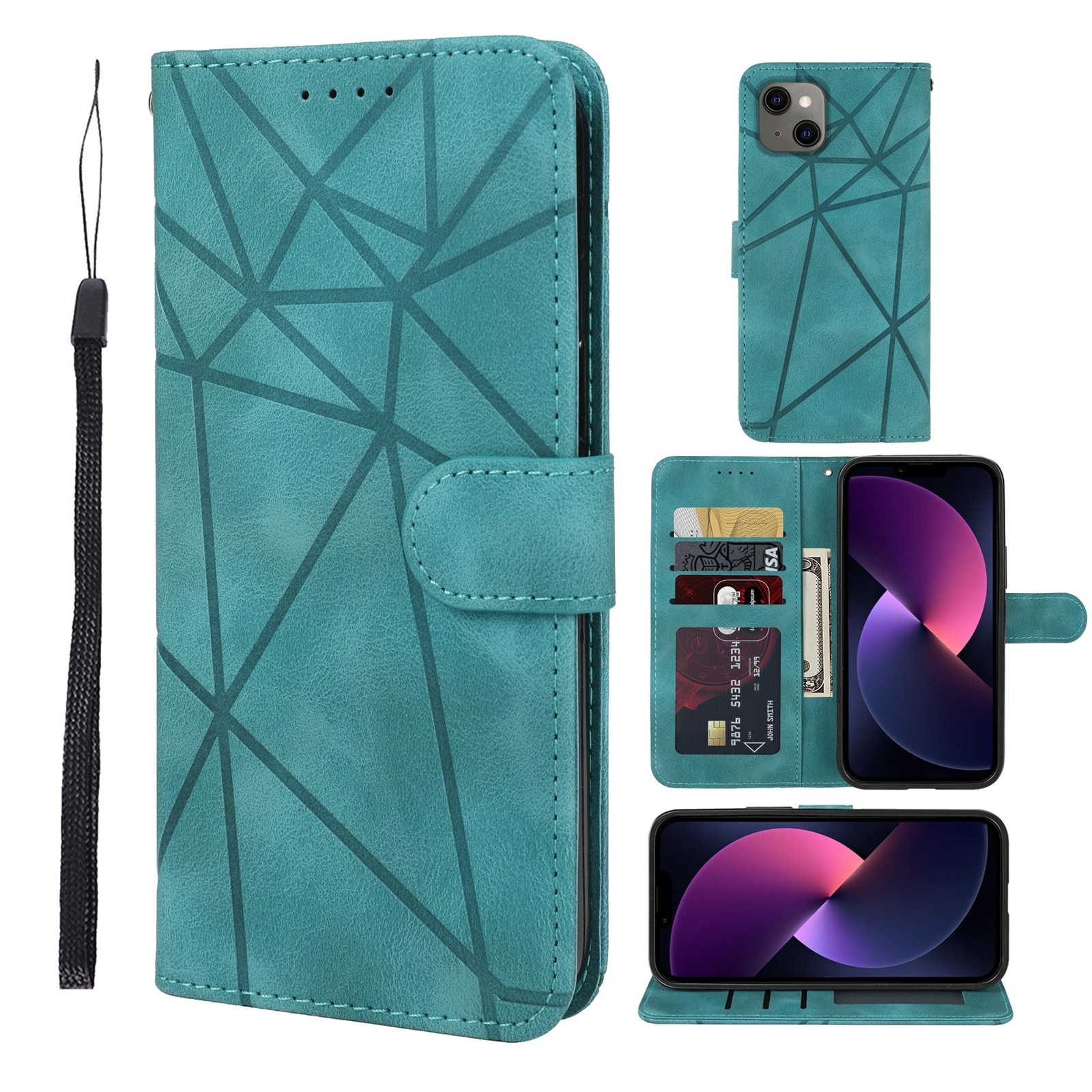 For iPhone 14 Plus Skin Feel Geometric Lines Leather Phone Case(Green) - Shopkiz.com