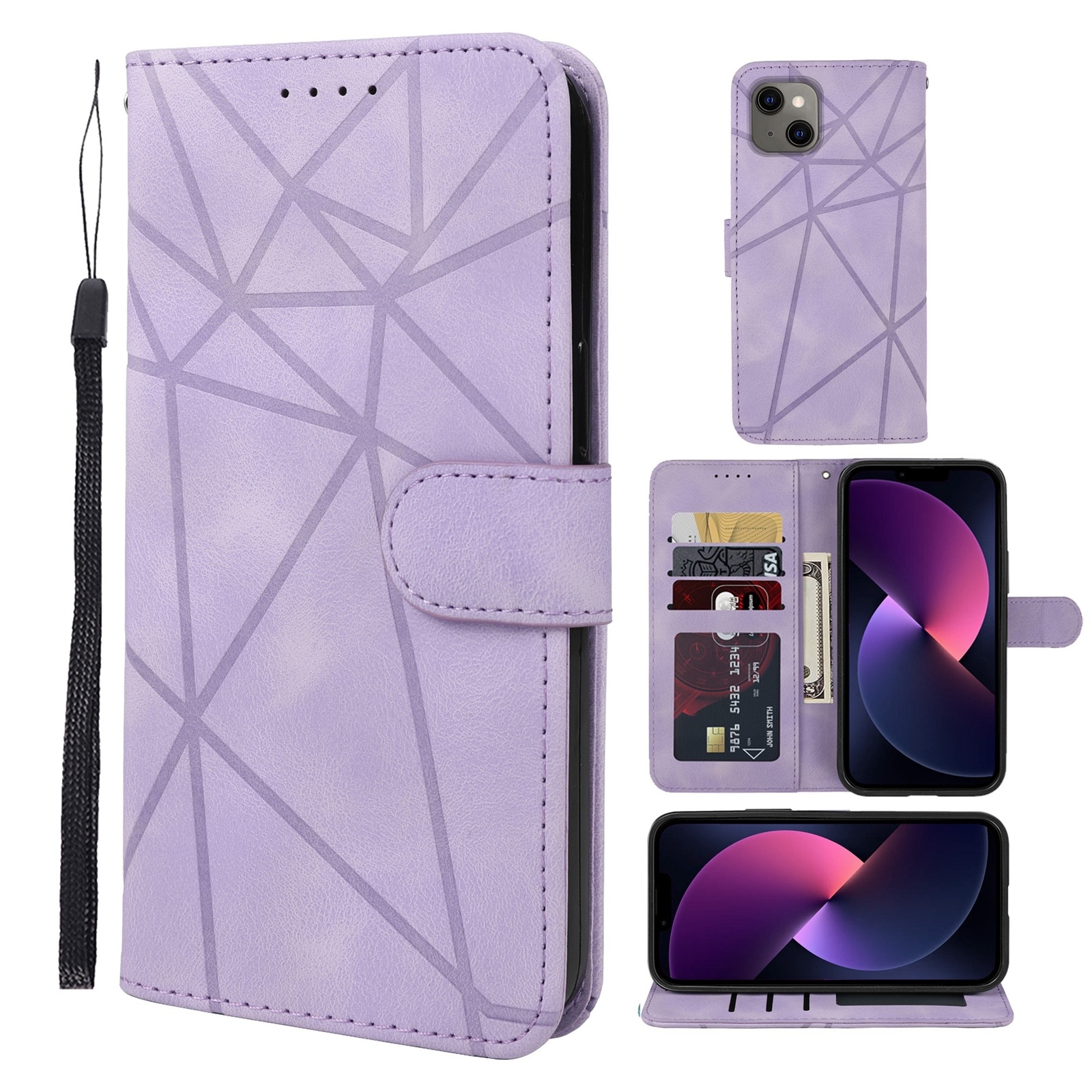 For iPhone 14 Skin Feel Geometric Lines Leather Phone Case(Purple) - Shopkiz.com