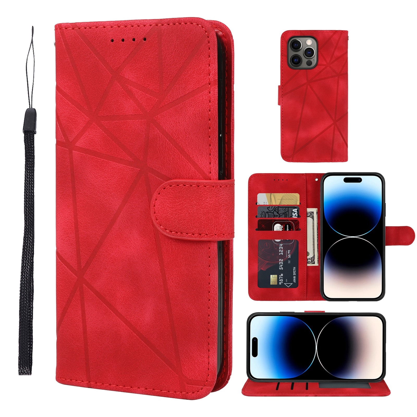 For iPhone 14 Pro Skin Feel Geometric Lines Leather Phone Case(Red) - Shopkiz.com