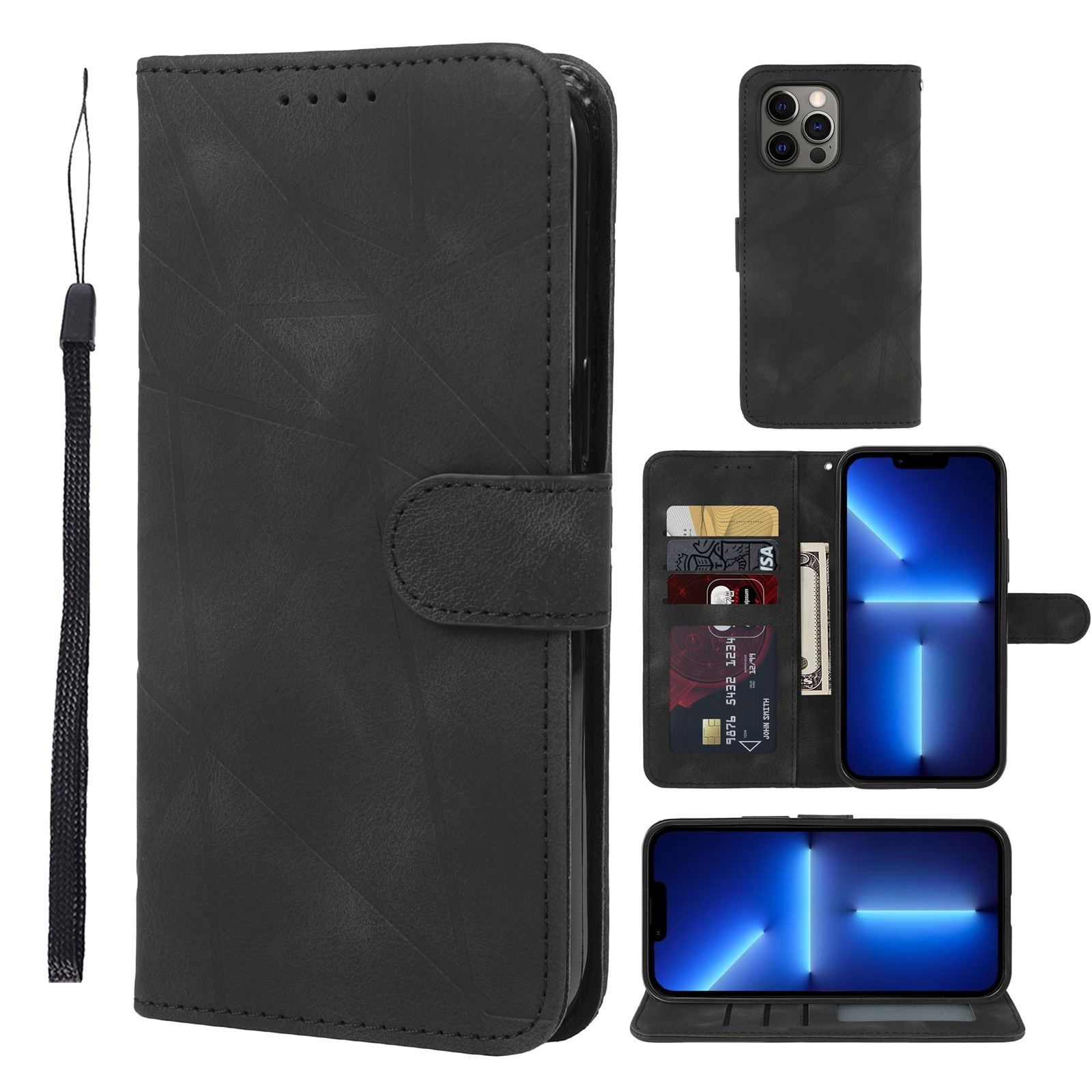 For iPhone 13 Pro Max Skin Feel Geometric Lines Leather Phone Case(Black) - Shopkiz.com