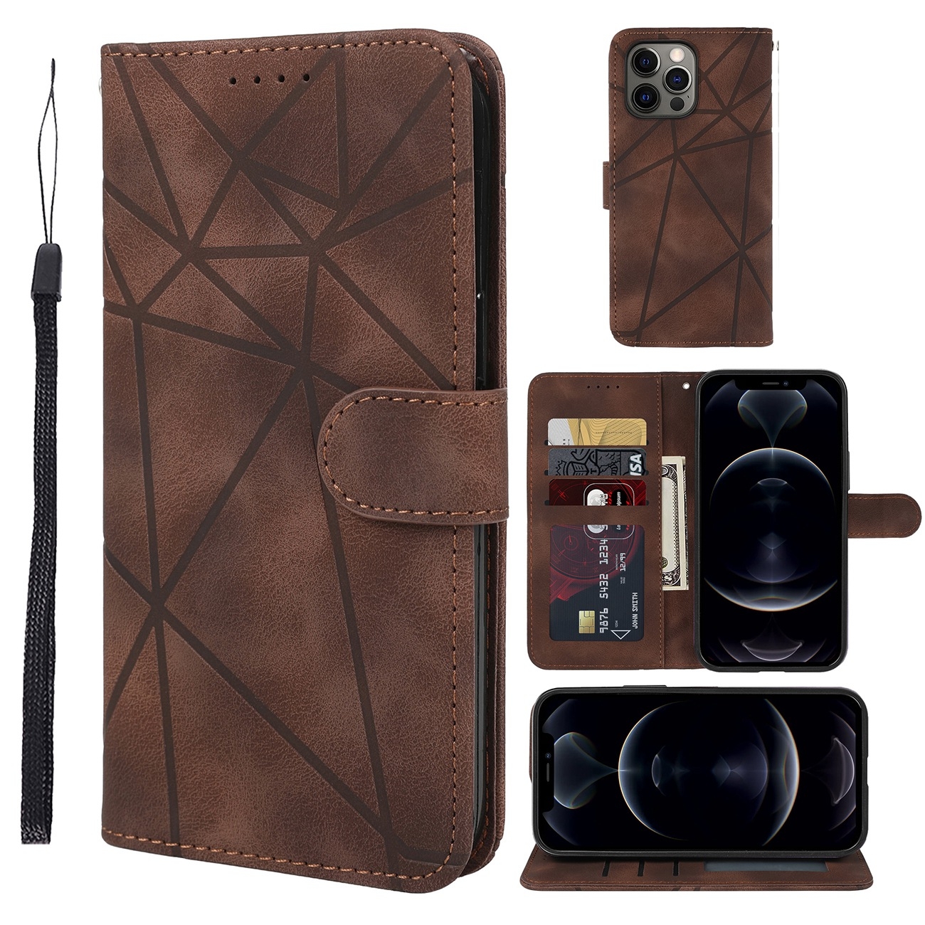 For iPhone 12 / 12 Pro Skin Feel Geometric Lines Leather Phone Case(Brown) - Shopkiz.com