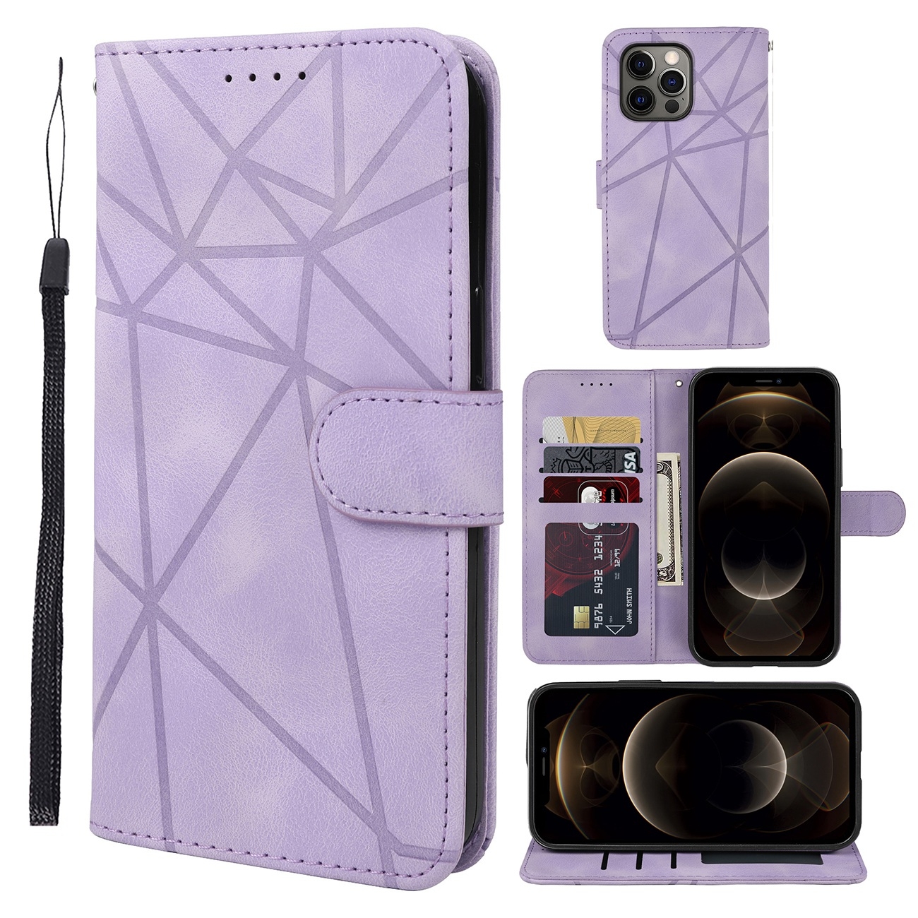 For iPhone 12 Pro Max Skin Feel Geometric Lines Leather Phone Case(Purple) - Shopkiz.com