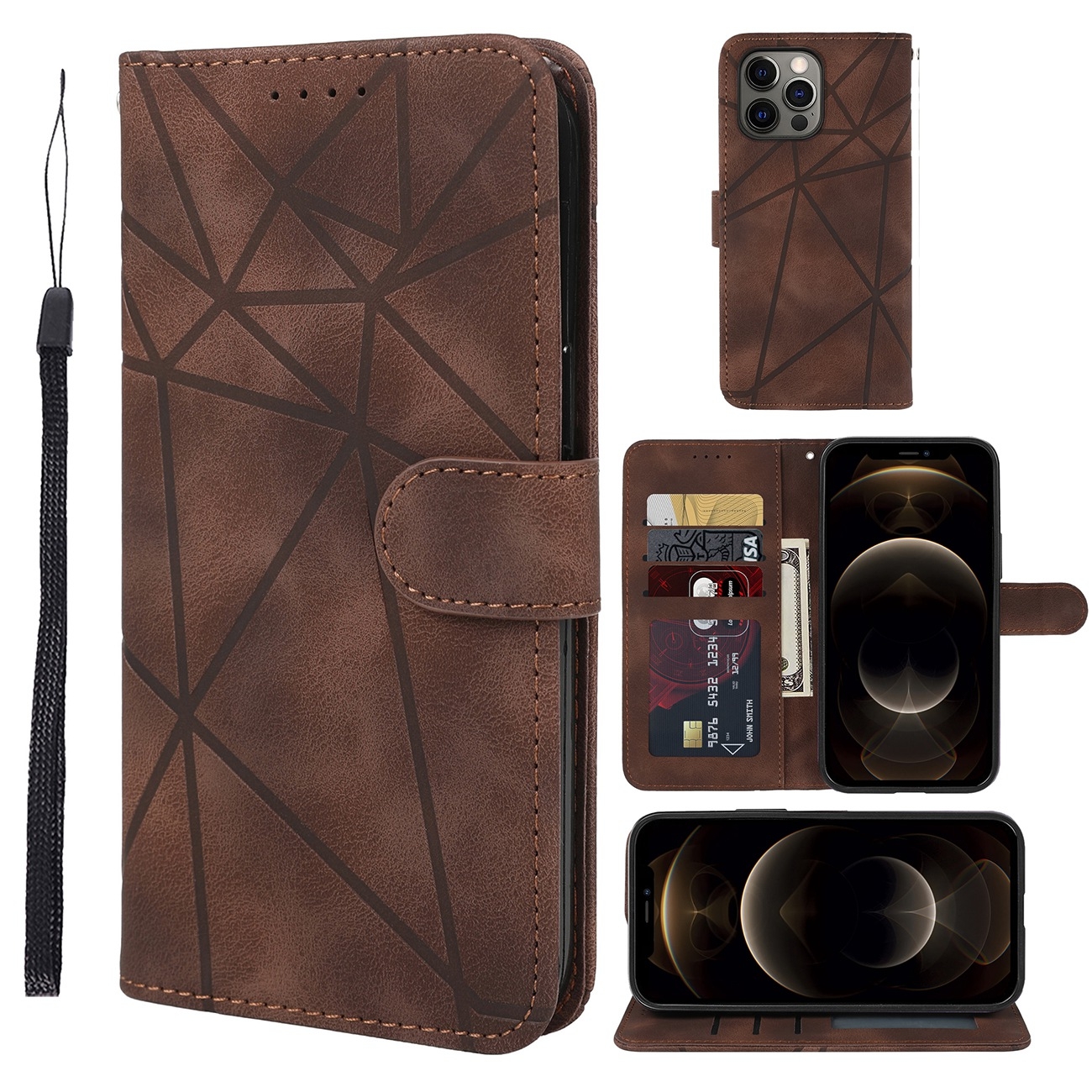 For iPhone 12 Pro Max Skin Feel Geometric Lines Leather Phone Case(Brown) - Shopkiz.com